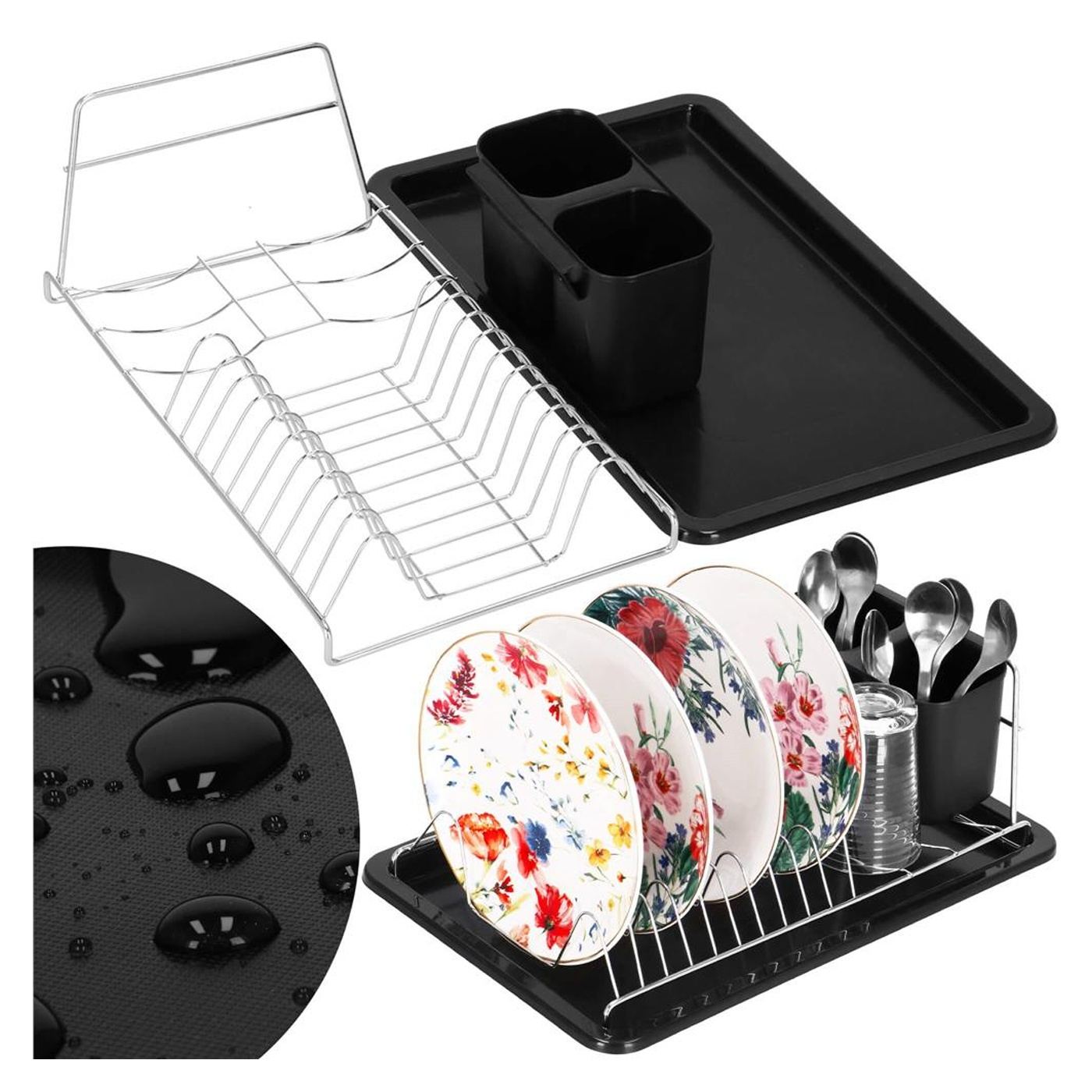 Uscator vase suport tacamuri otel cromat tava scurgere, 40x19x13 cm, compact, negru - 7