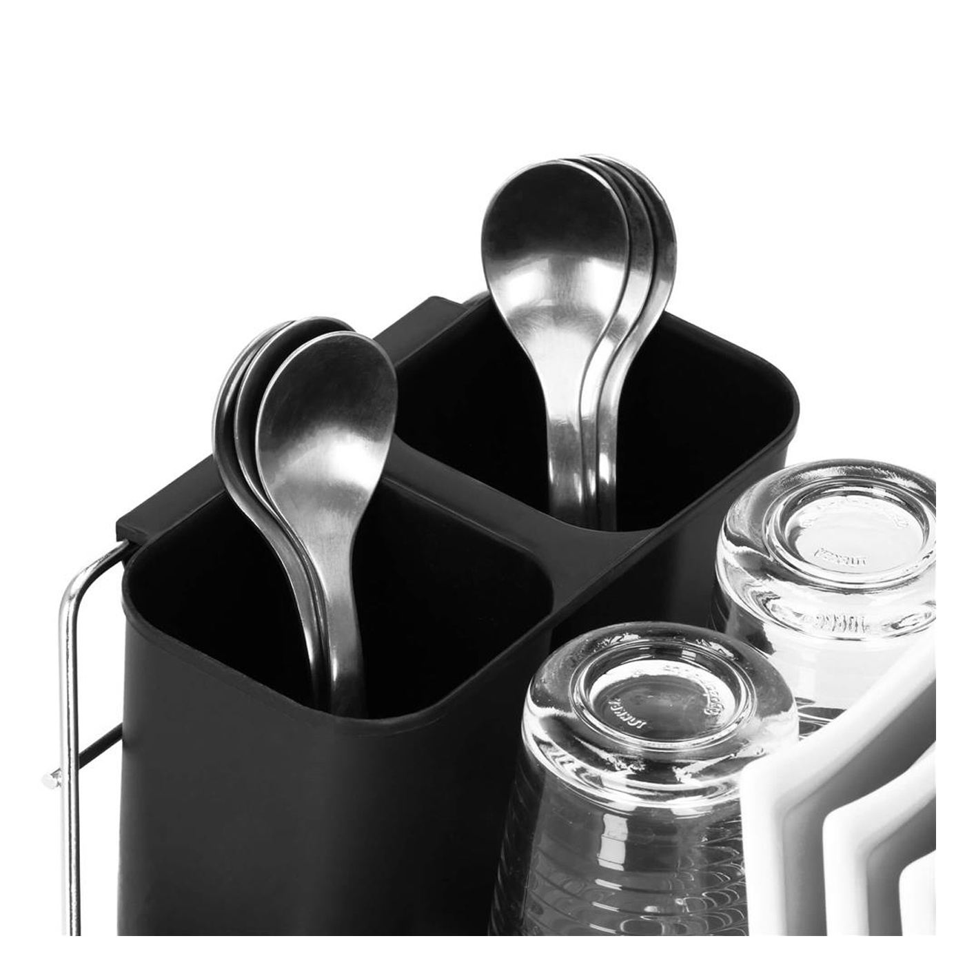 Uscator vase suport tacamuri otel cromat tava scurgere, 40x19x13 cm, compact, negru - 11