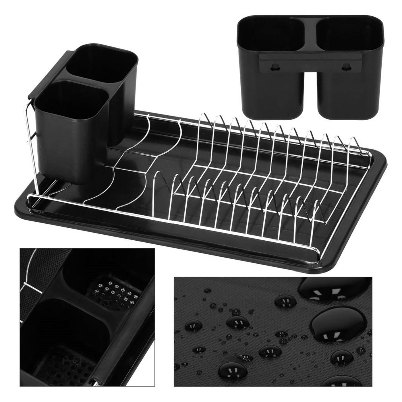 Uscator vase suport tacamuri otel cromat tava scurgere, 40x19x13 cm, compact, negru - 14