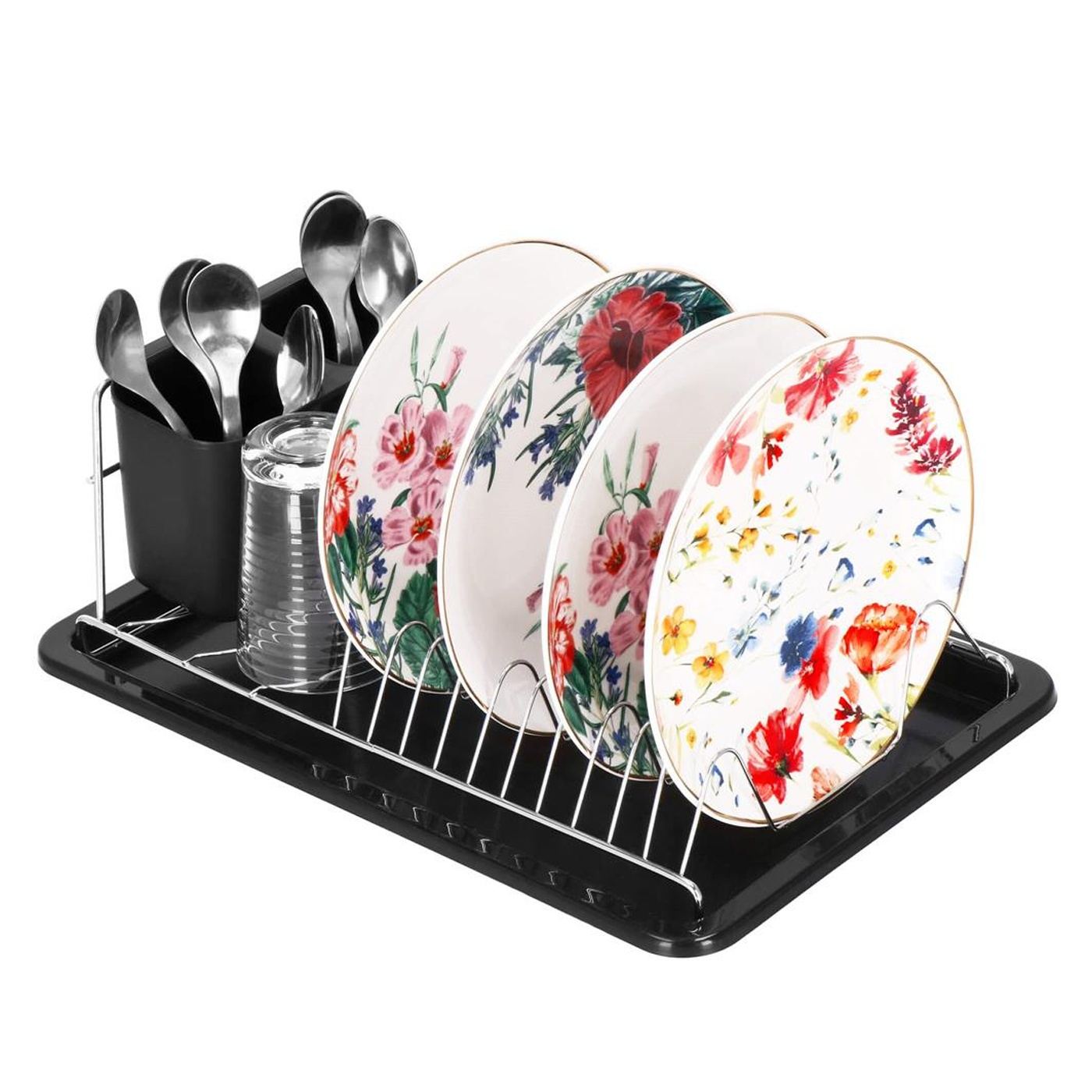 Uscator vase suport tacamuri otel cromat tava scurgere, 40x19x13 cm, compact, negru - 15