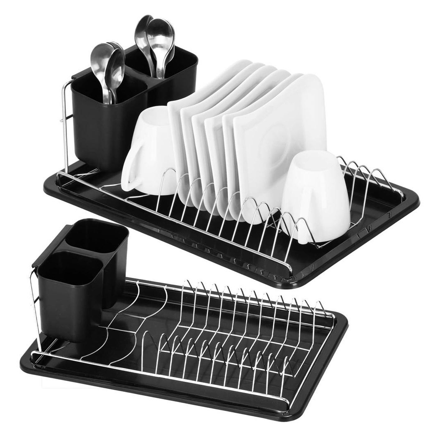 Uscator vase suport tacamuri otel cromat tava scurgere, 40x19x13 cm, compact, negru - 16