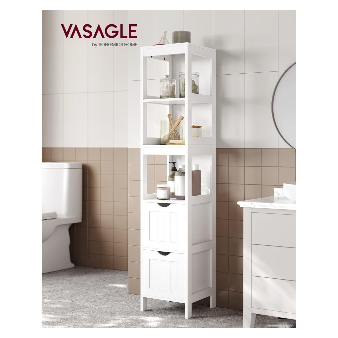 MDF Колонна Баня Шкаф с 2 Чекмеджета и 3 Рафта, 30x30x142 см, Бял - 2