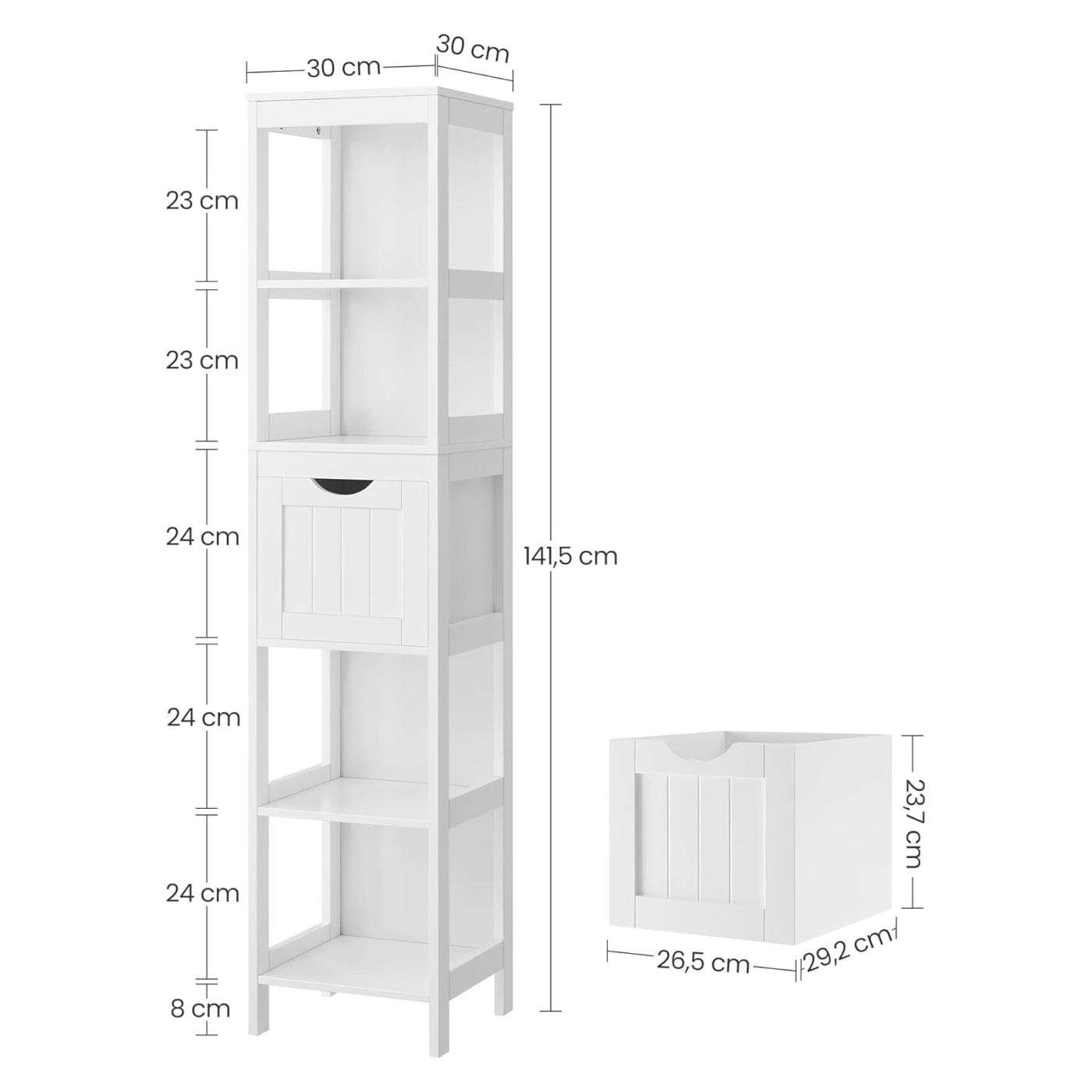 MDF Колонна Баня Шкаф с 2 Чекмеджета и 3 Рафта, 30x30x142 см, Бял - 3