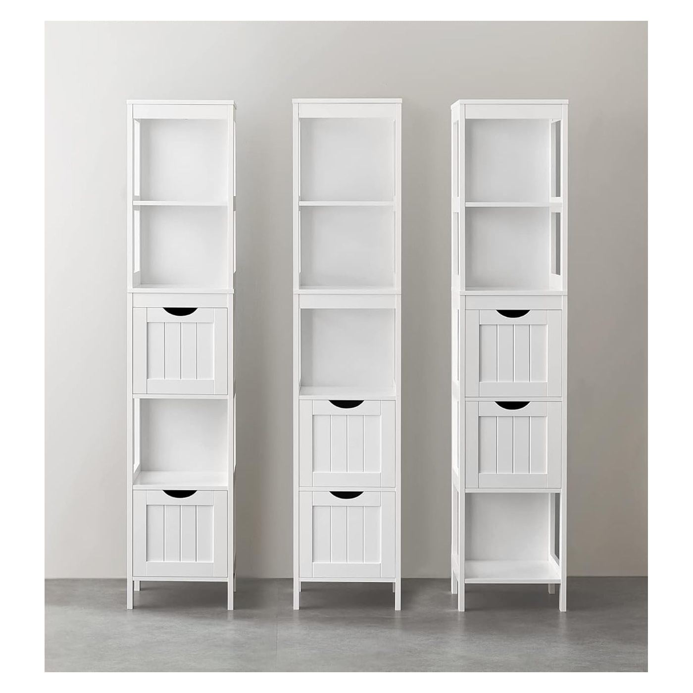 MDF Колонна Баня Шкаф с 2 Чекмеджета и 3 Рафта, 30x30x142 см, Бял - 5