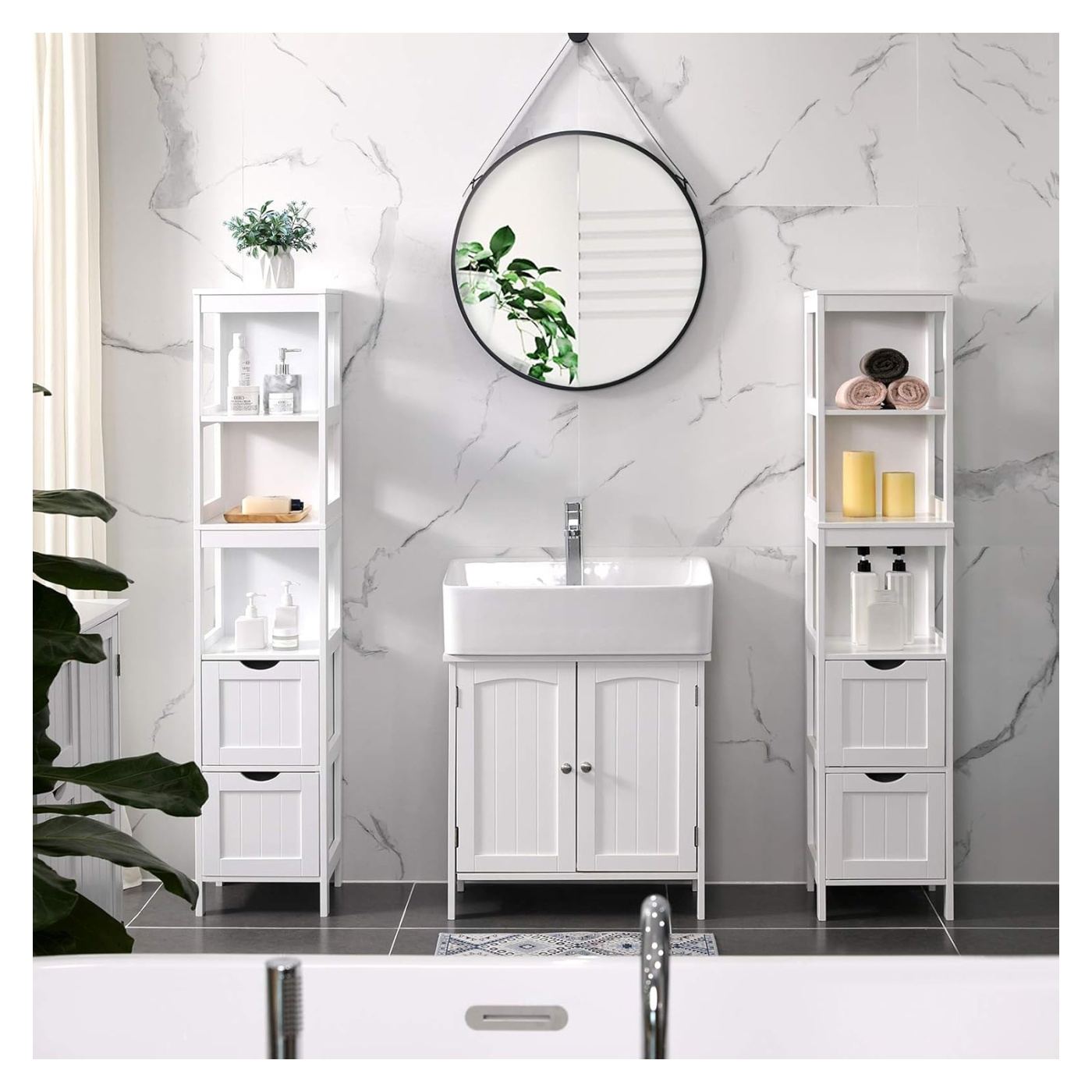 MDF Колонна Баня Шкаф с 2 Чекмеджета и 3 Рафта, 30x30x142 см, Бял - 8