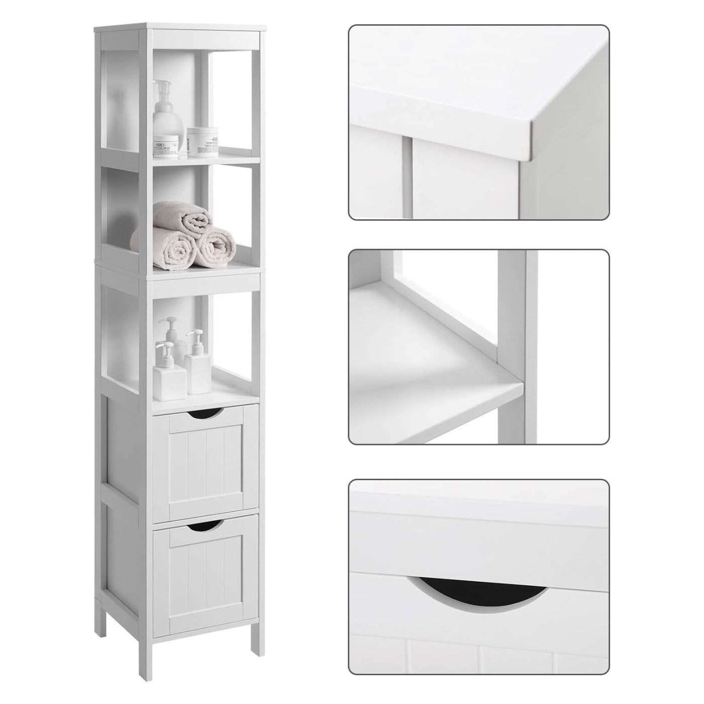MDF Колонна Баня Шкаф с 2 Чекмеджета и 3 Рафта, 30x30x142 см, Бял - 10