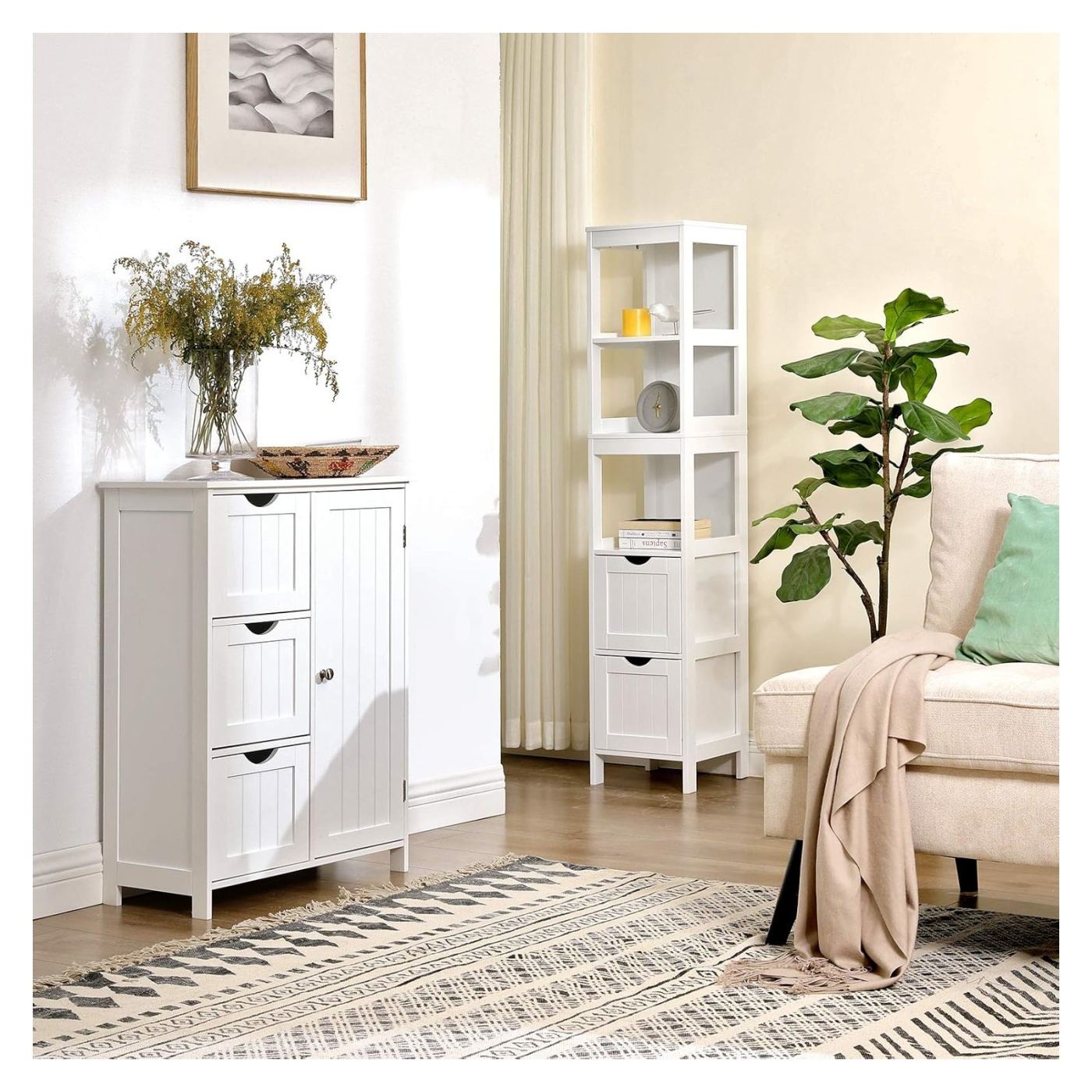 MDF Колонна Баня Шкаф с 2 Чекмеджета и 3 Рафта, 30x30x142 см, Бял - 12
