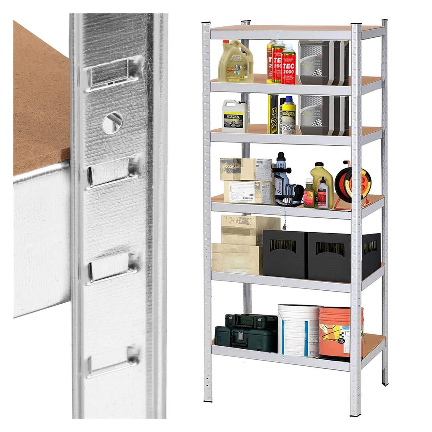Метална етажерка с 6 рафта, алуминий MDF, 900 кг макс., 225x110x50 см, регулируема, сребриста - 10
