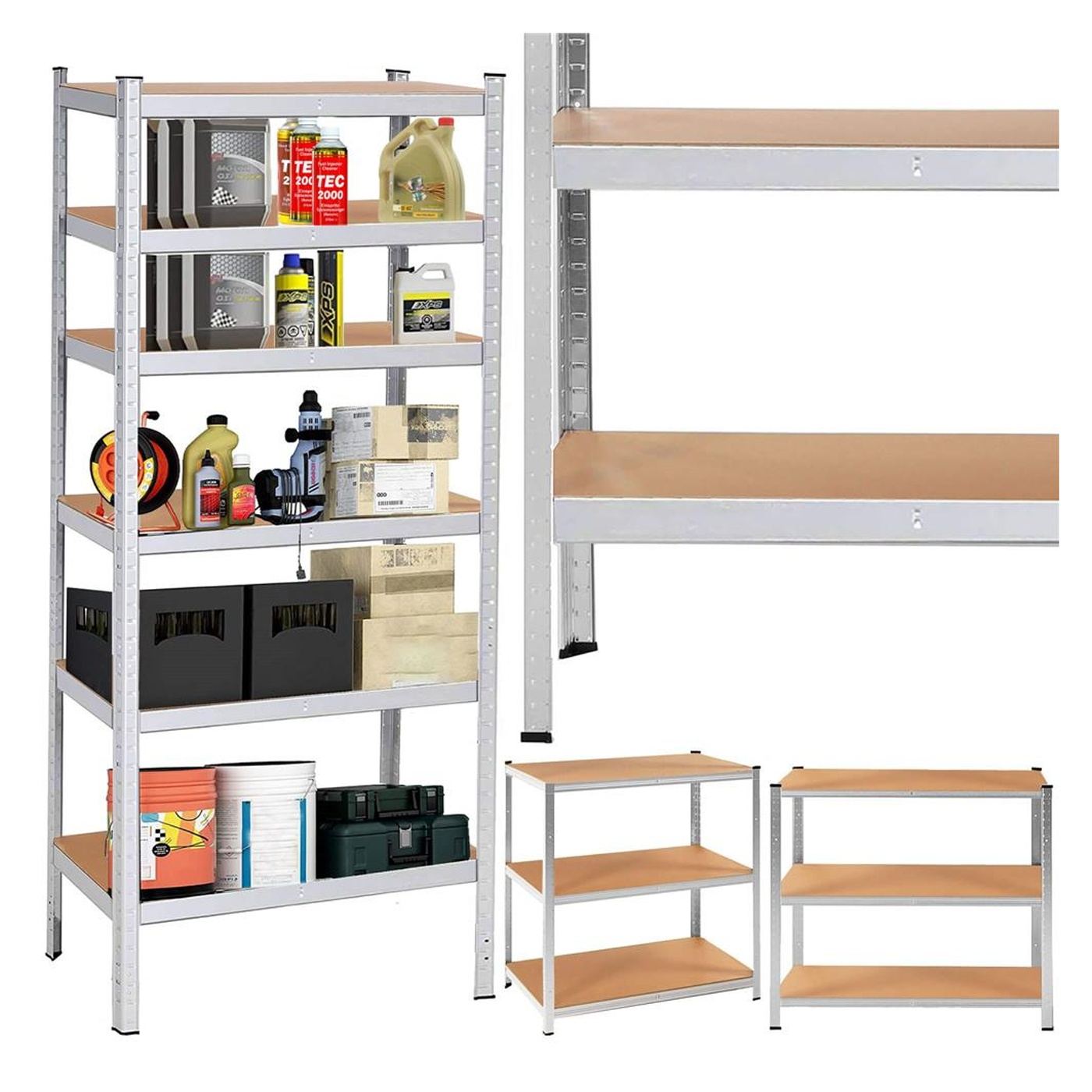 Метална етажерка с 6 рафта, алуминий MDF, 900 кг макс., 225x110x50 см, регулируема, сребриста - 12