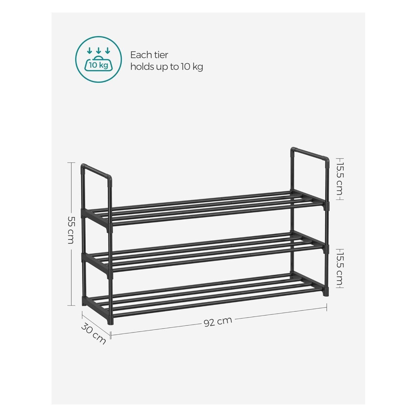 3-степенна етажерка за обувки, метална конструкция, за 12-15 чифта, 92x30x55см, черна - 3