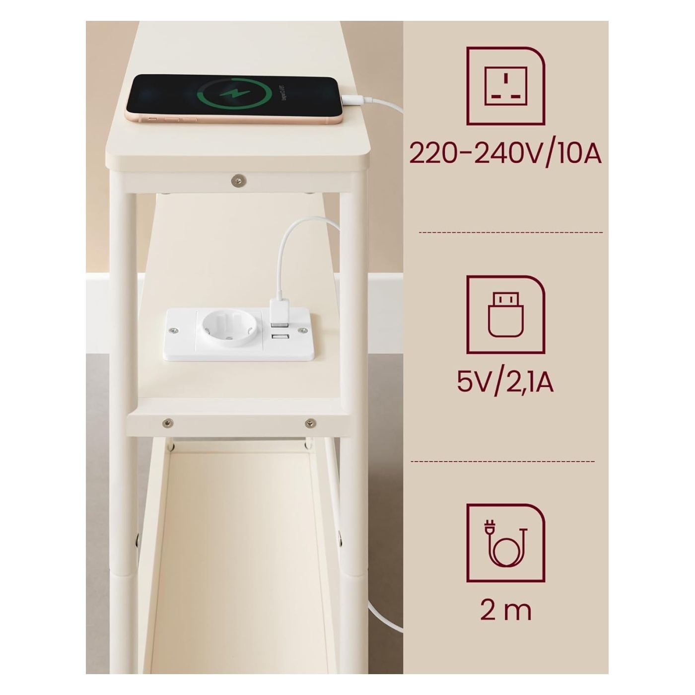 Тесна странична маса с USB портове, 3 рафта, ПДЧ и метал, 45x18x58 см, компактен дизайн, кремаво бяло - 5