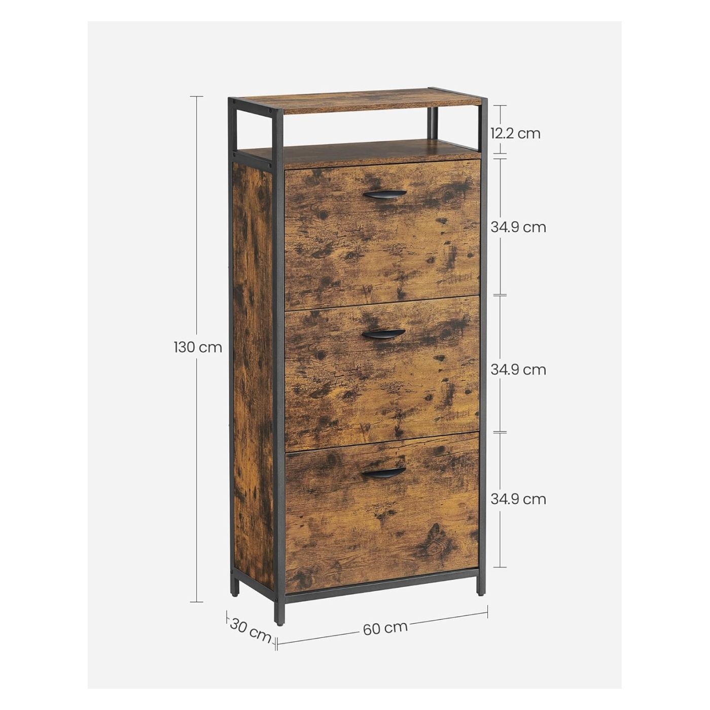 3-крилен шкаф за обувки с вътрешни прегради, за 15-18 чифта, 60x30x130см, рустик кафяво и черно - 3