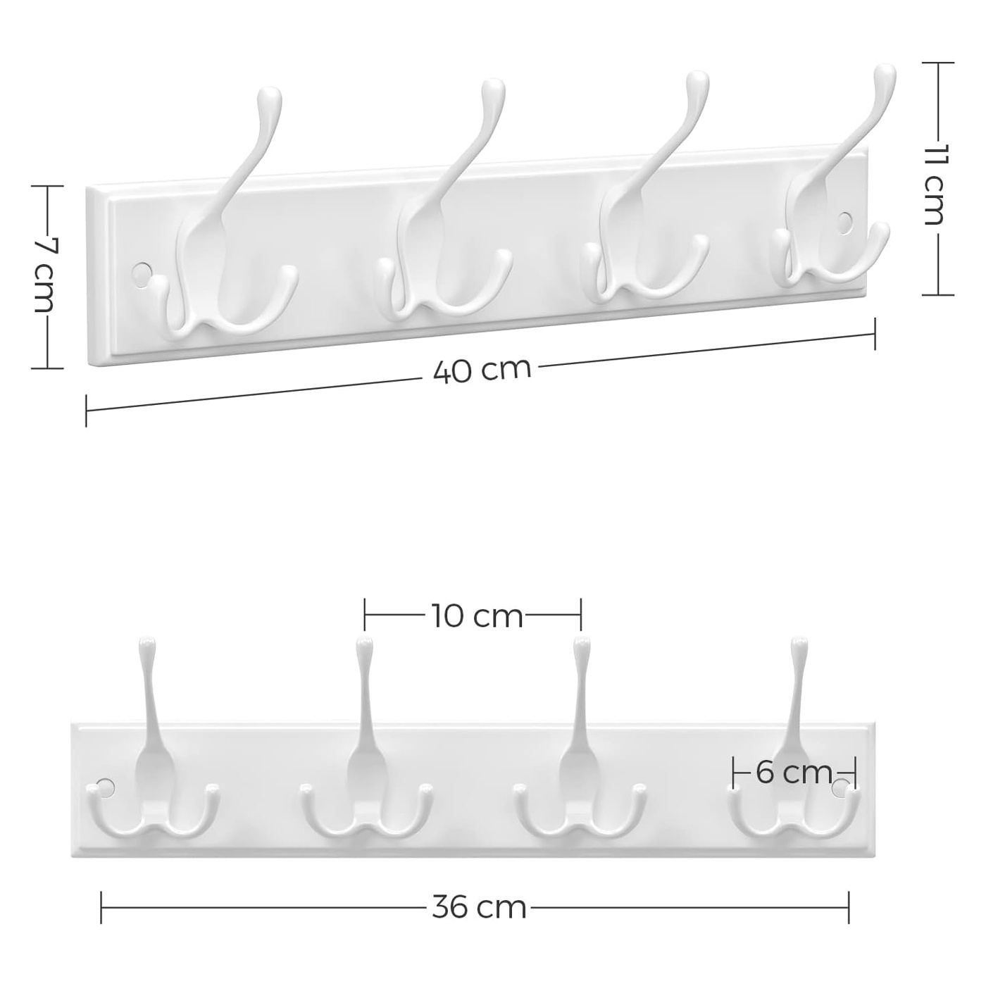 Стенна закачалка с 4 тройни куки, MDF и цинкова сплав, 40x11 см, бяла - 2