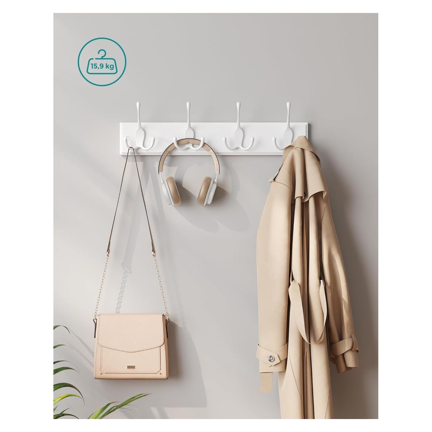 Стенна закачалка с 4 тройни куки, MDF и цинкова сплав, 40x11 см, бяла - 3