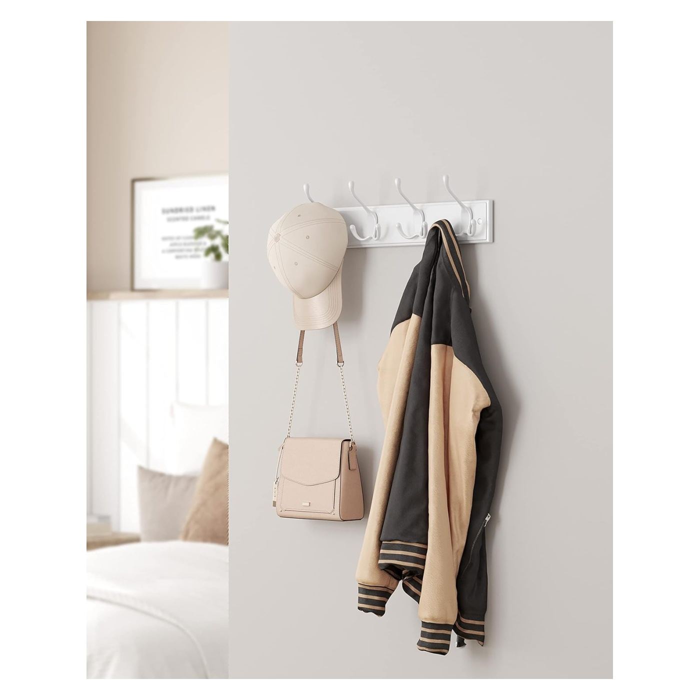 Стенна закачалка с 4 тройни куки, MDF и цинкова сплав, 40x11 см, бяла - 5