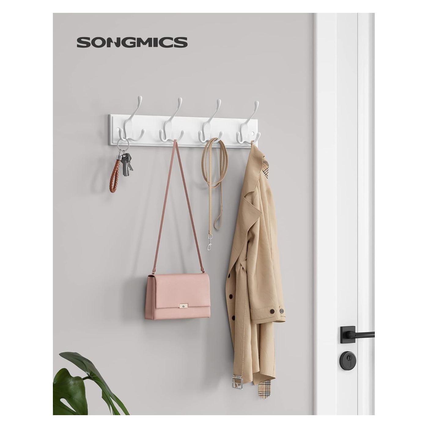 Стенна закачалка с 4 тройни куки, MDF и цинкова сплав, 40x11 см, бяла - 6
