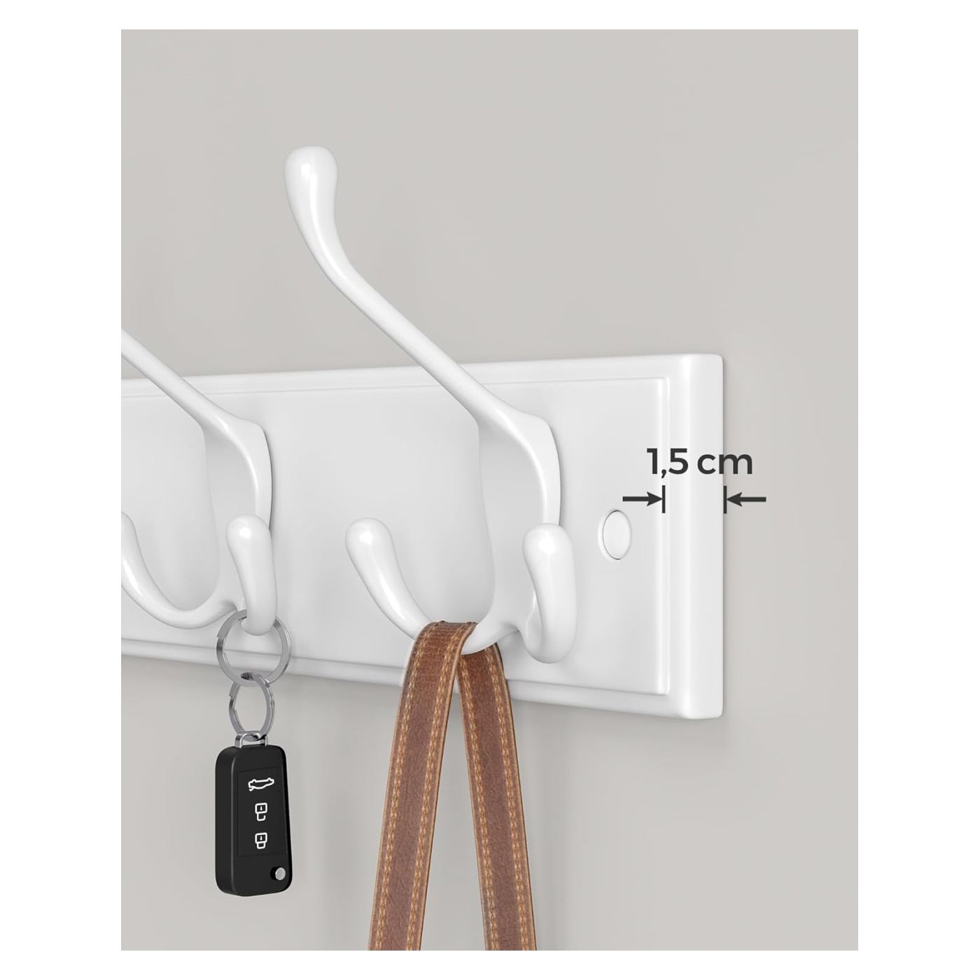 Стенна закачалка с 4 тройни куки, MDF и цинкова сплав, 40x11 см, бяла - 7