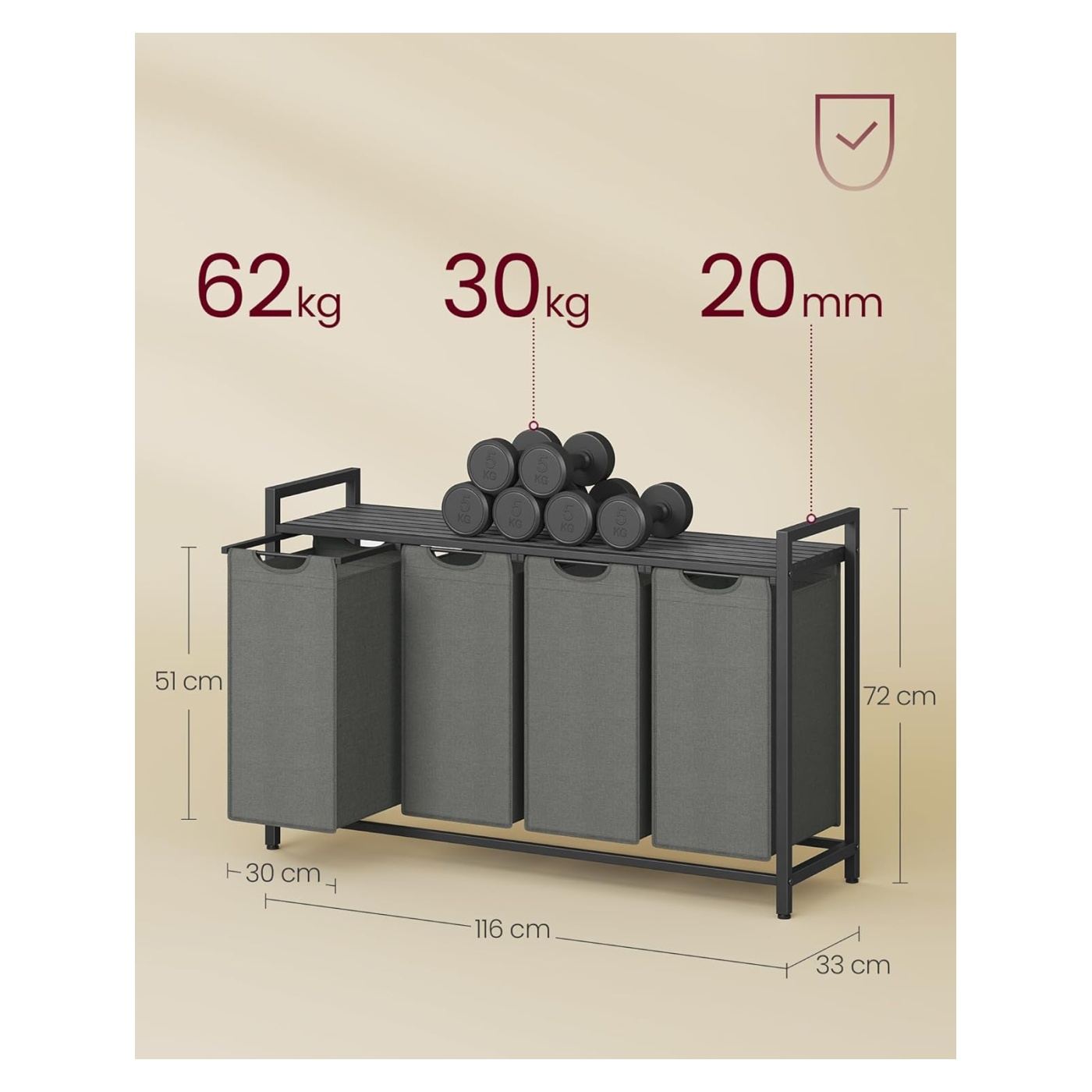 Кош за пране 4x40L, Подвижни торби, Горен рафт и метална рамка, 116x33x72 см, Черен и Сив - 3