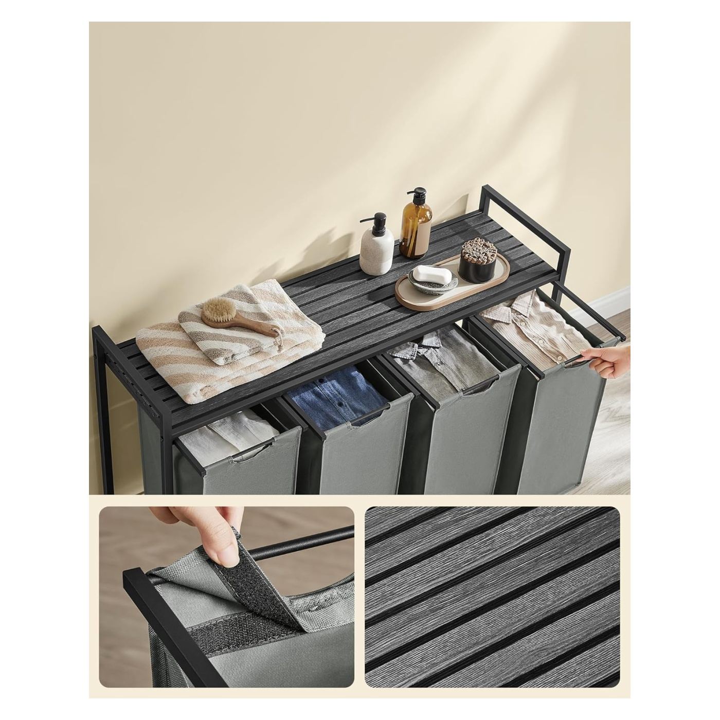 Кош за пране 4x40L, Подвижни торби, Горен рафт и метална рамка, 116x33x72 см, Черен и Сив - 5