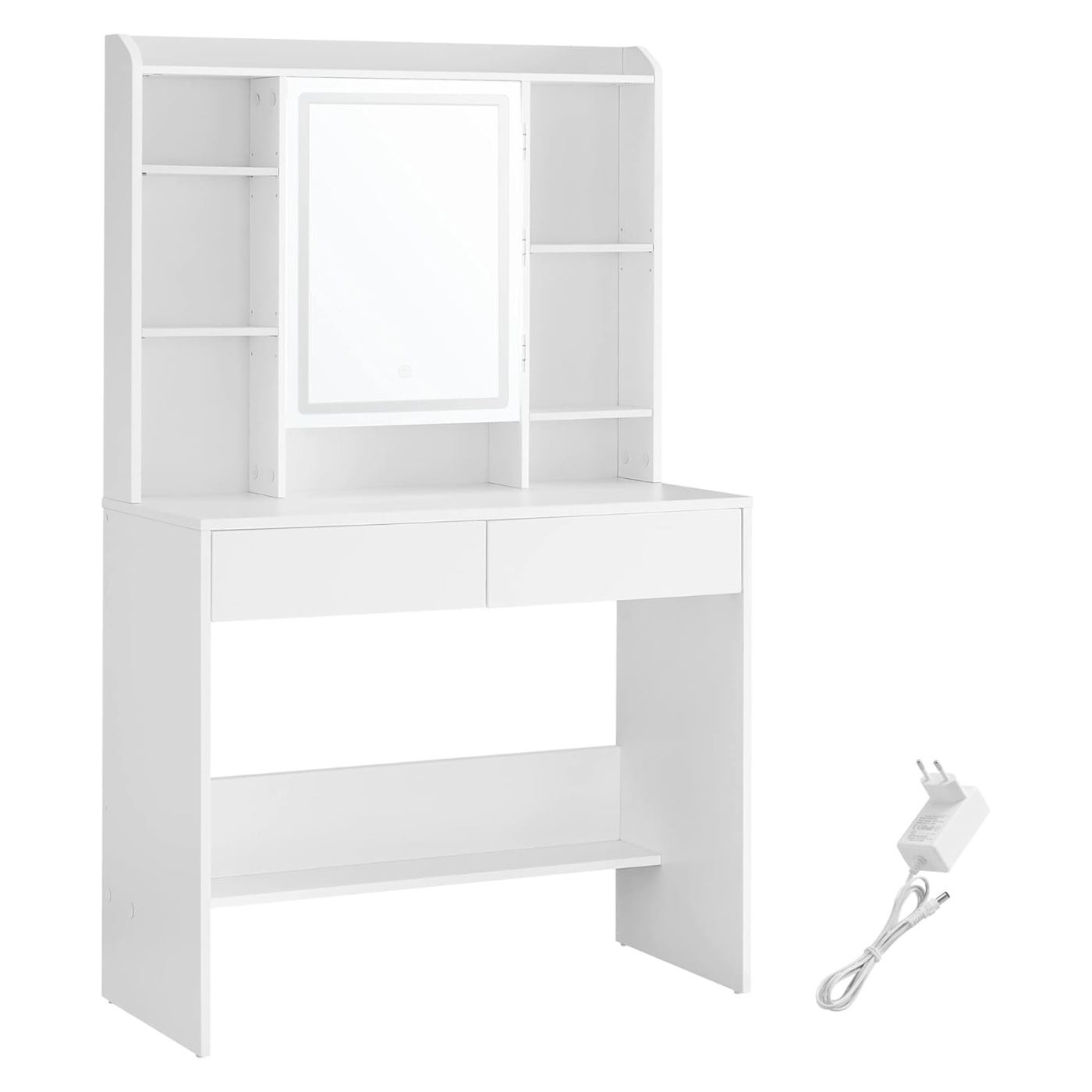 LED тоалетка с огледало, регулируема светлина, 2 чекмеджета, ПДЧ, 90x40x145 см, Модерен дизайн, Бяла - 2
