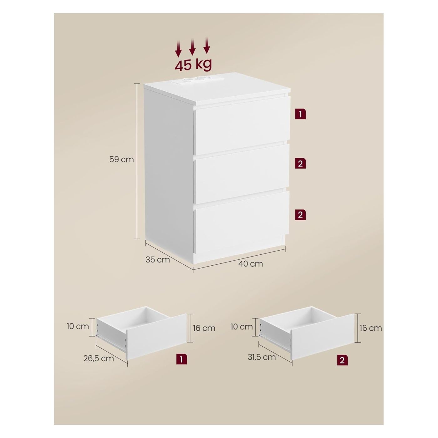 Нощно шкафче с 3 чекмеджета, ПДЧ, с 2 контакта и 2 USB порта, 40x35x59 см, бяло - 2