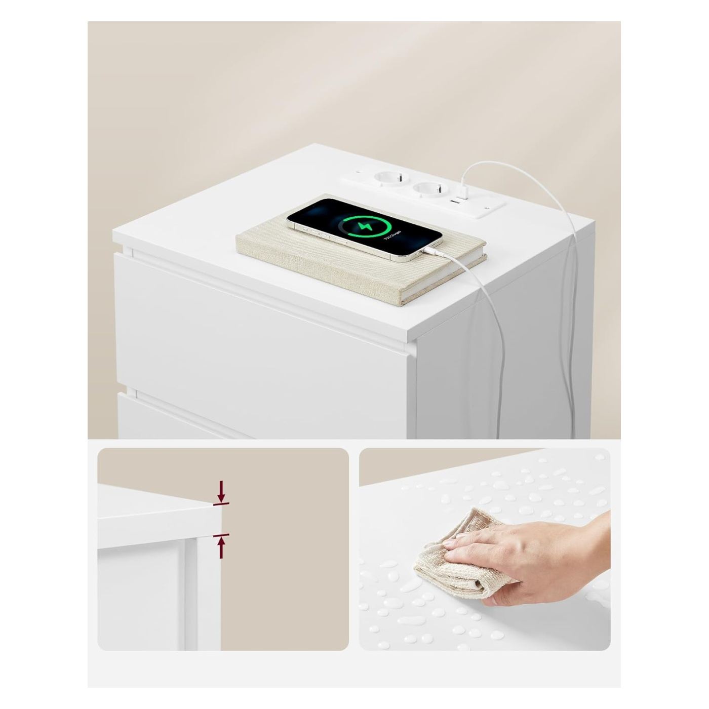 Нощно шкафче с 3 чекмеджета, ПДЧ, с 2 контакта и 2 USB порта, 40x35x59 см, бяло - 3