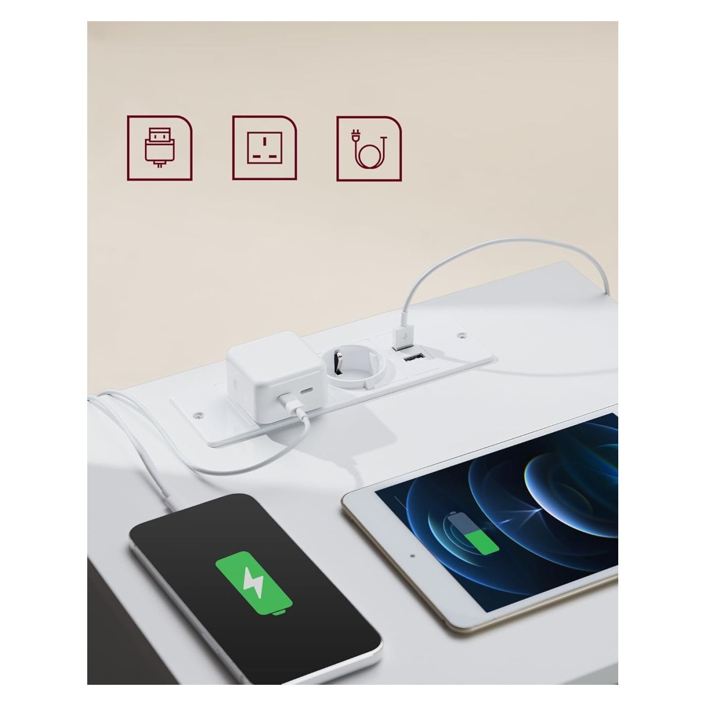Нощно шкафче с 3 чекмеджета, ПДЧ, с 2 контакта и 2 USB порта, 40x35x59 см, бяло - 5