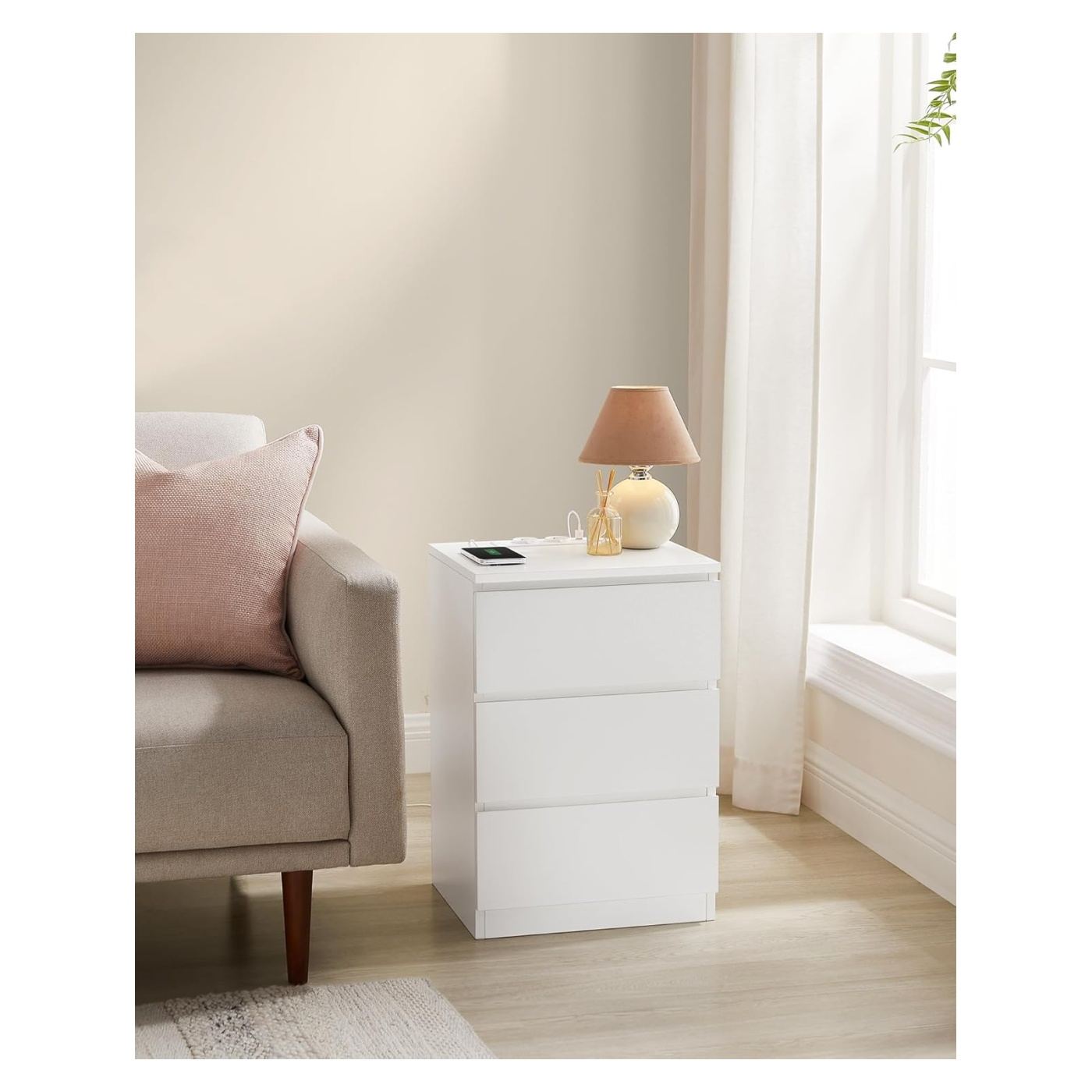 Нощно шкафче с 3 чекмеджета, ПДЧ, с 2 контакта и 2 USB порта, 40x35x59 см, бяло - 6