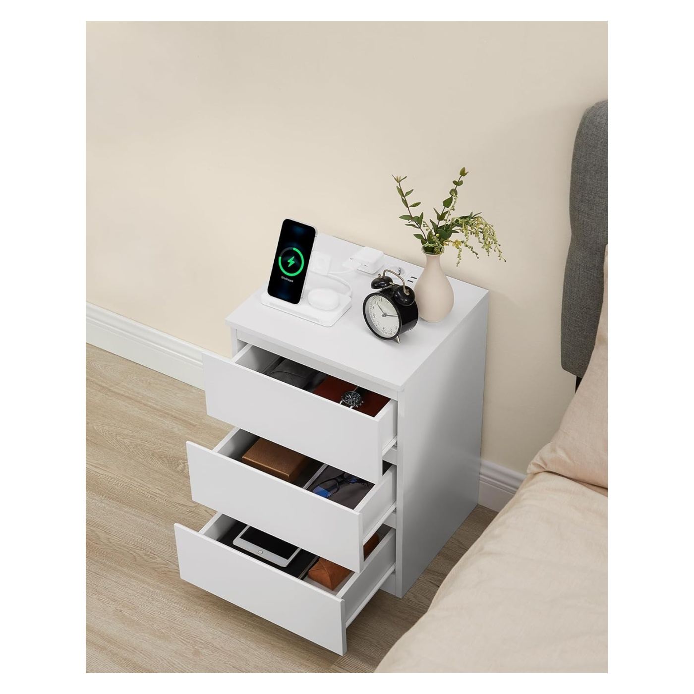 Нощно шкафче с 3 чекмеджета, ПДЧ, с 2 контакта и 2 USB порта, 40x35x59 см, бяло - 7