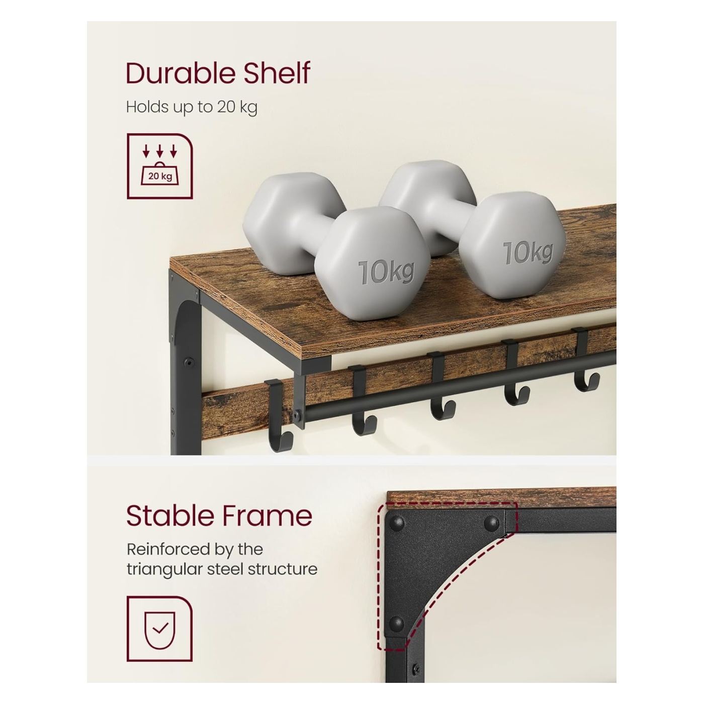 Стенна закачалка за дрехи с рафт за съхранение, 10 куки, 30x80x42 см, рустик кафяво - 4