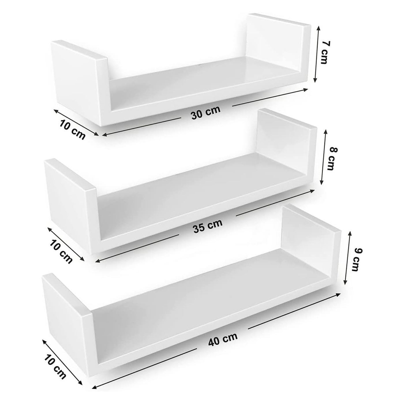 Комплект от 3 плаващи стенни рафта MDF 30 35 40 см, Двойно закрепване, Минималистичен дизайн, Бял - 2