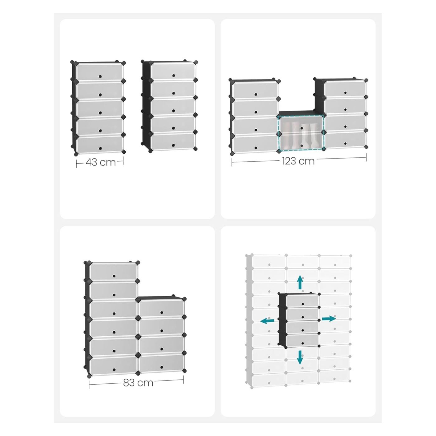 Модулен шкаф за обувки, Конфигурируем с 10 отделения, 43x31x173 см, Черен - 4