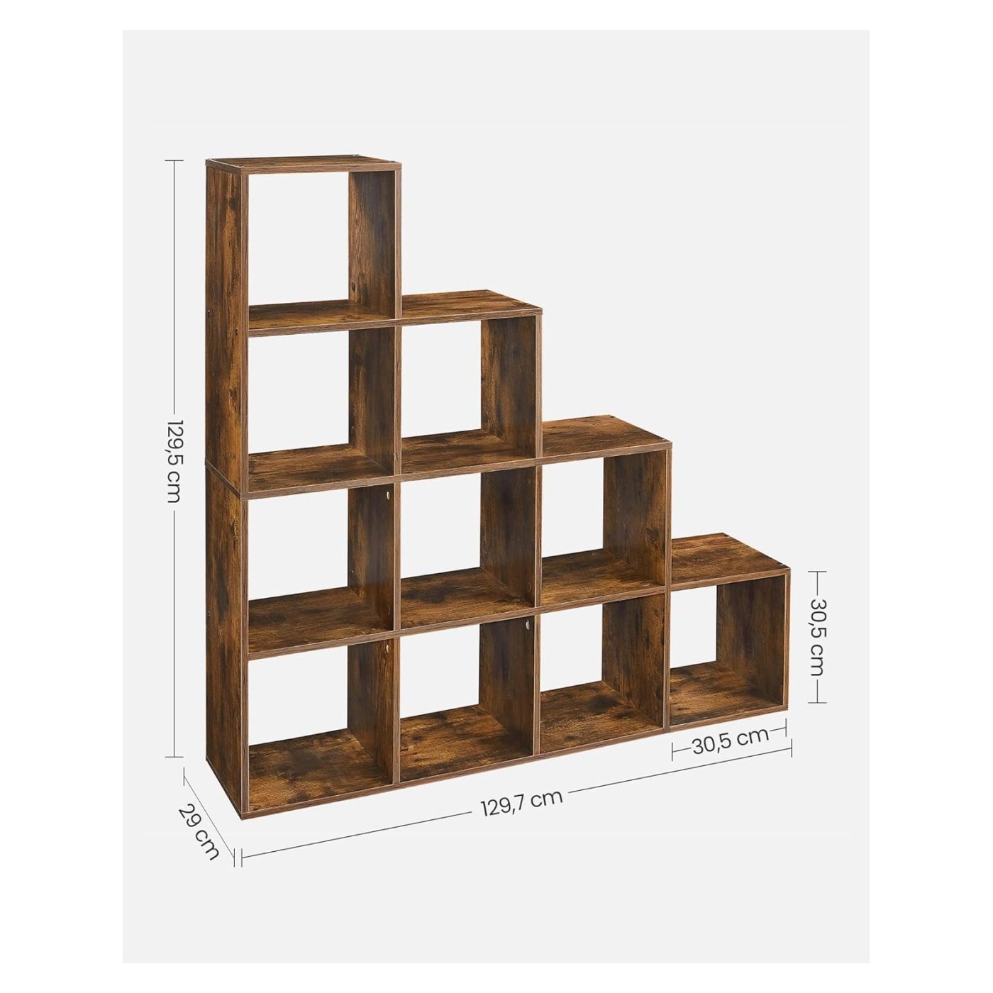 10-рафтова етажерка за книги, дърво, 29x129x129 см, рустик дизайн, кафяв - 3