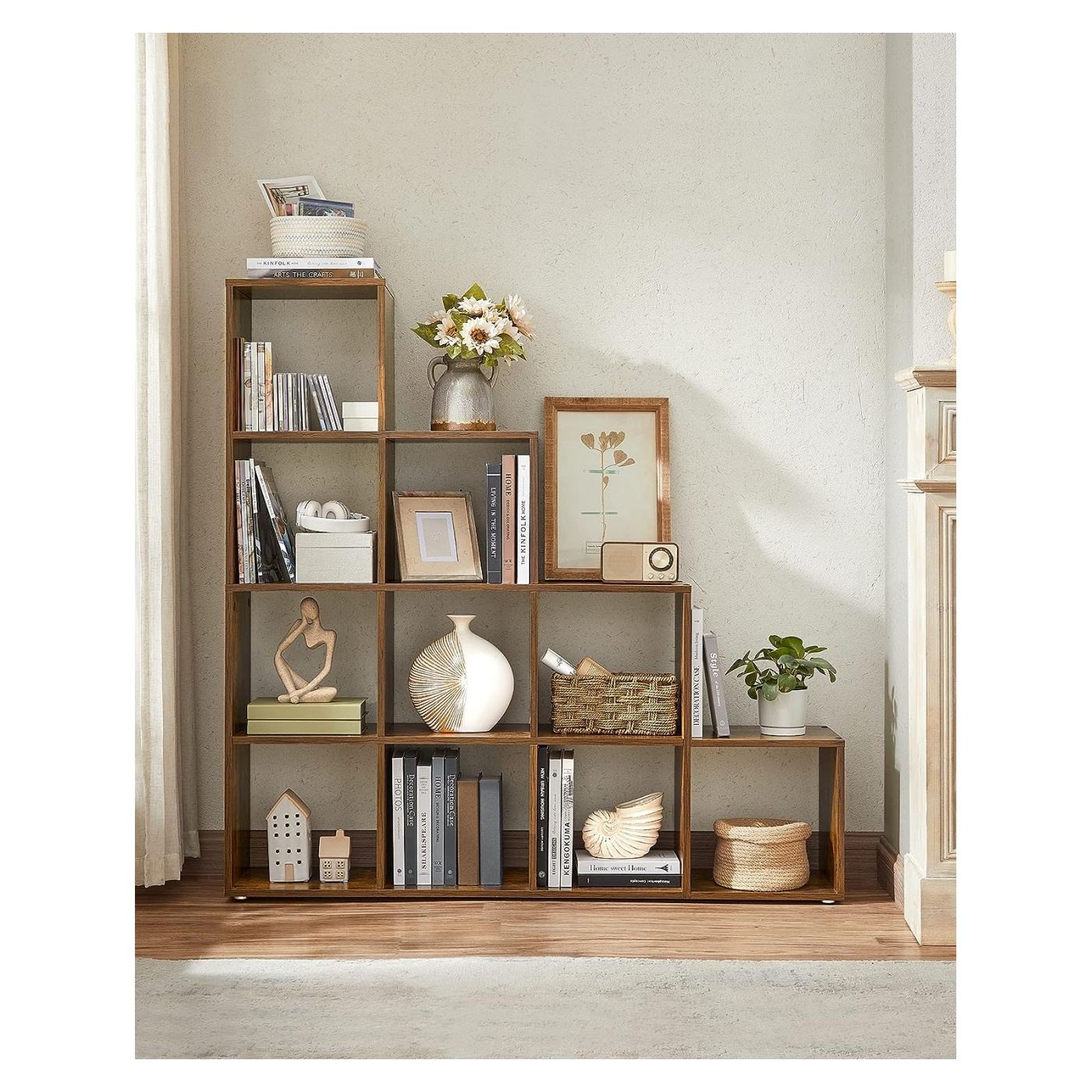 10-рафтова етажерка за книги, дърво, 29x129x129 см, рустик дизайн, кафяв - 8