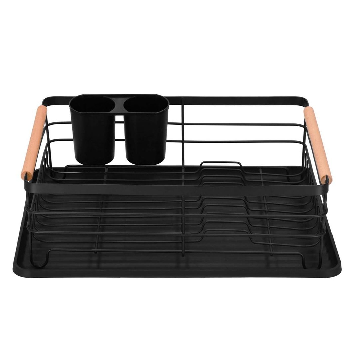 Сушилник за съдове с поставка за прибори и тава за отцеждане, дървени дръжки, 42x32x15 см, практичен, черен - 24