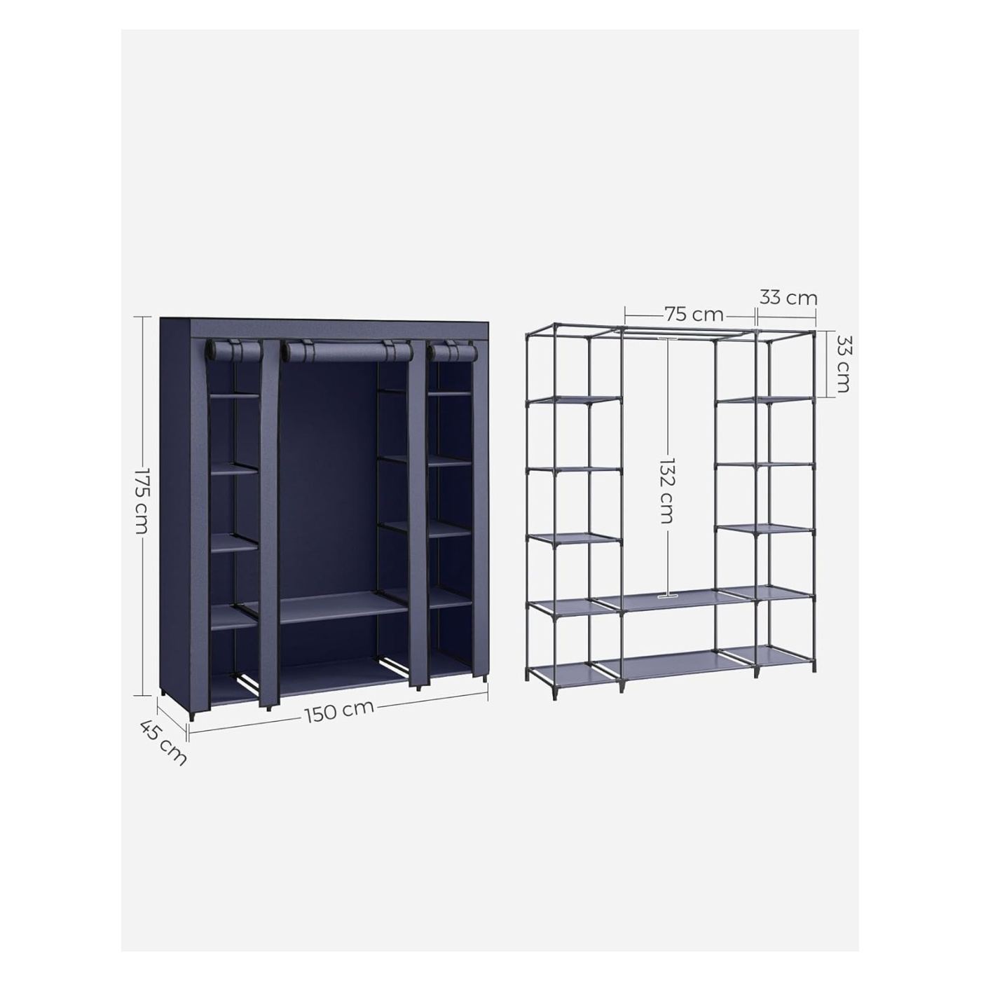 Преносим текстилен гардероб с рафтове и лост за закачане, 150x45x175 см, Голямо пространство за съхранение, Син - 6