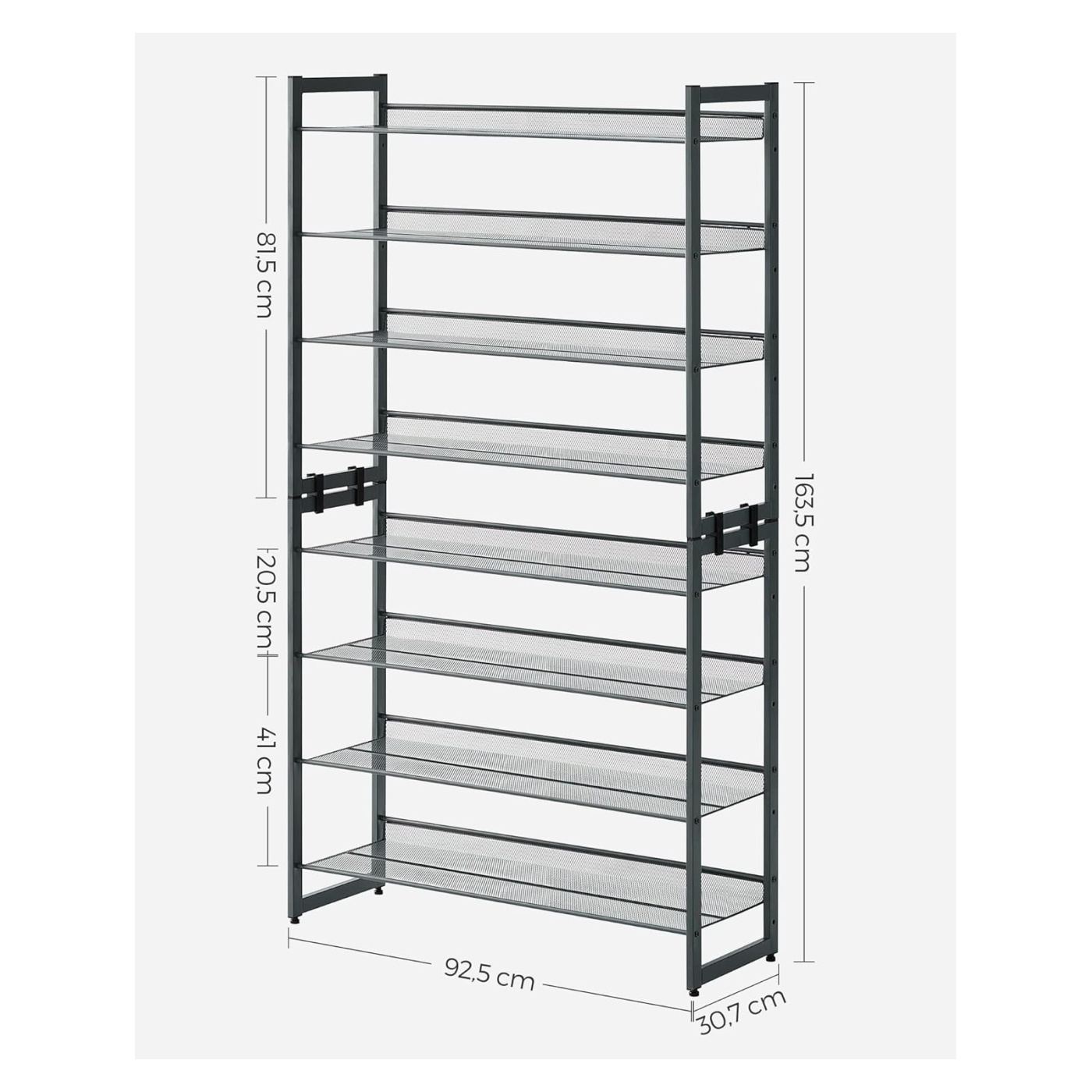 8-степенна етажерка за обувки, регулируеми рафтове, за 32-40 чифта, 31x92x163см, сива - 3