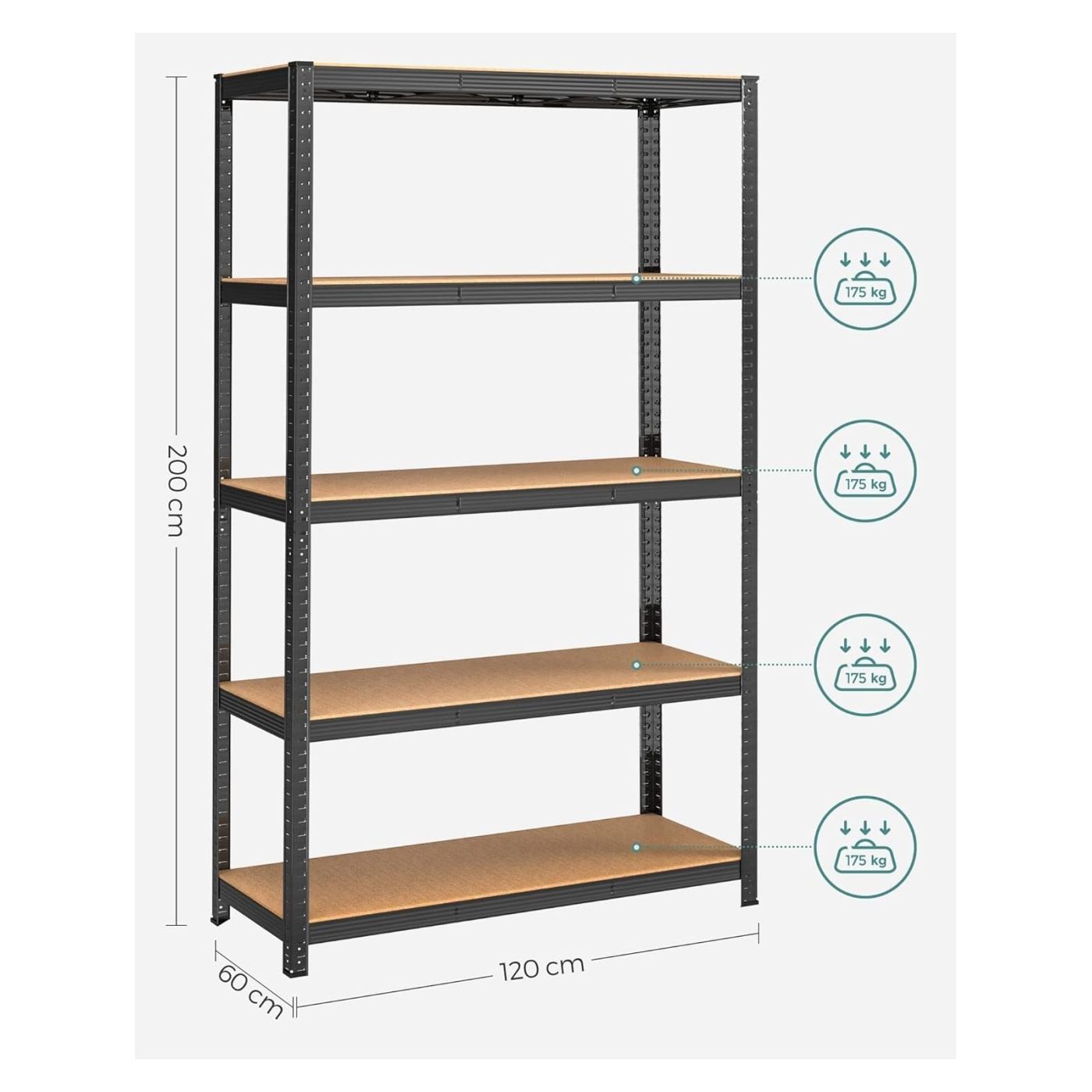 Метална етажерка с 5 рафта MDF макс. 875 кг, 200x120x60 см, здрава, черна - 3