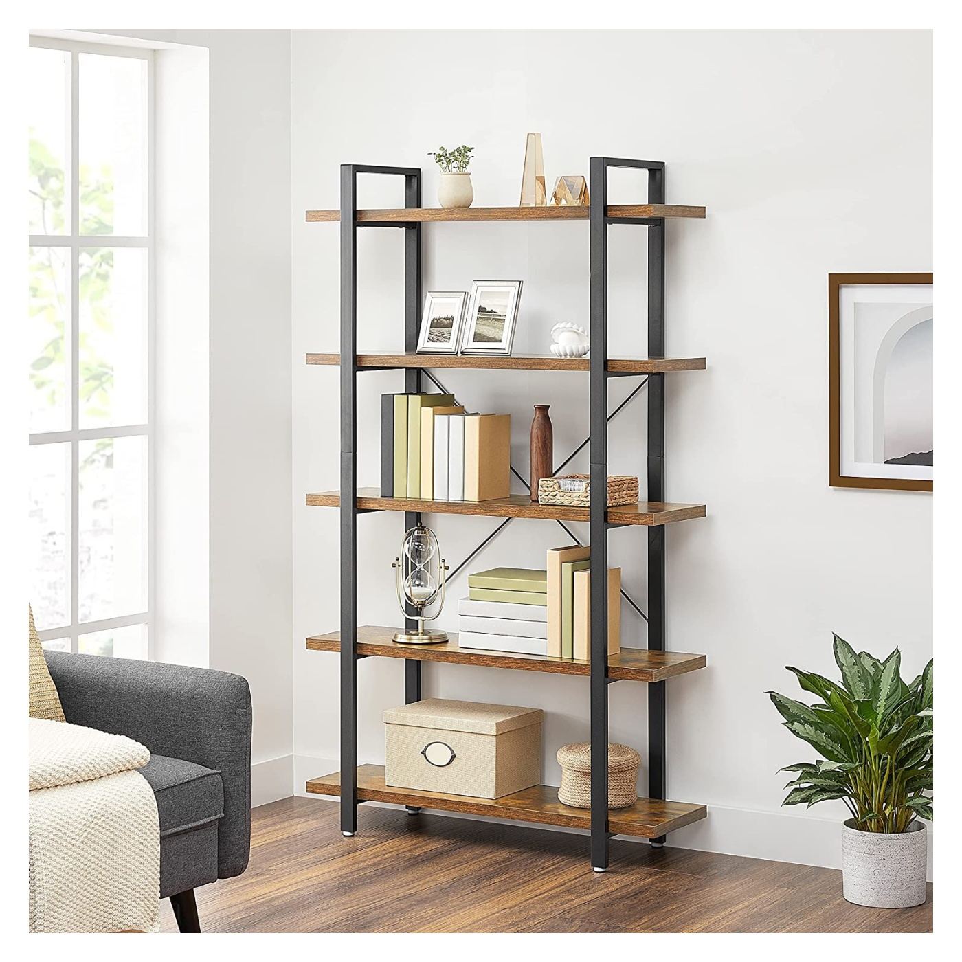 5-рафтова етажерка, стоманена рамка и рафтове от ПДЧ, 105x34x178см, рустик кафяво и черно - 2
