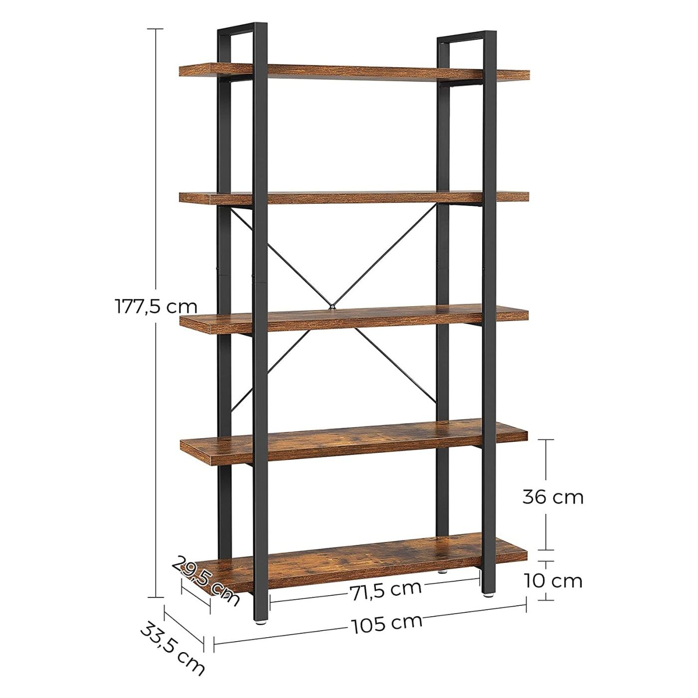 5-рафтова етажерка, стоманена рамка и рафтове от ПДЧ, 105x34x178см, рустик кафяво и черно - 3