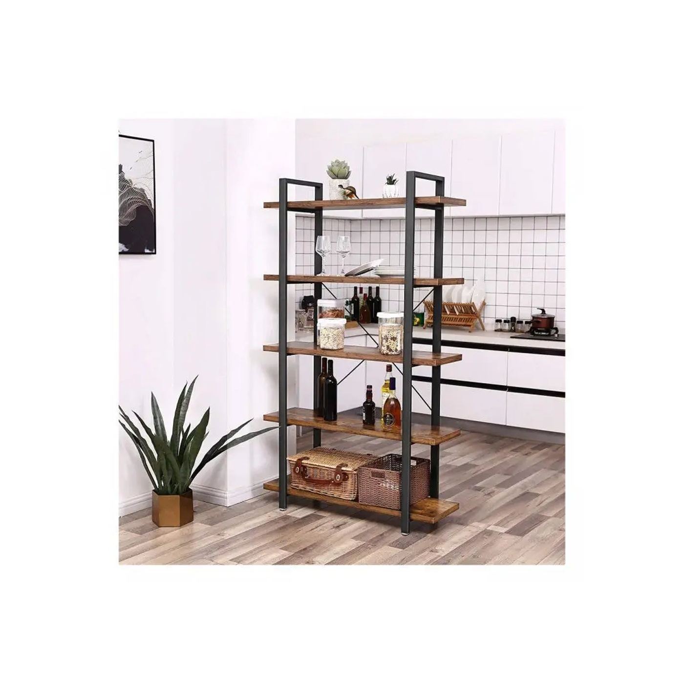 5-рафтова етажерка, стоманена рамка и рафтове от ПДЧ, 105x34x178см, рустик кафяво и черно - 5