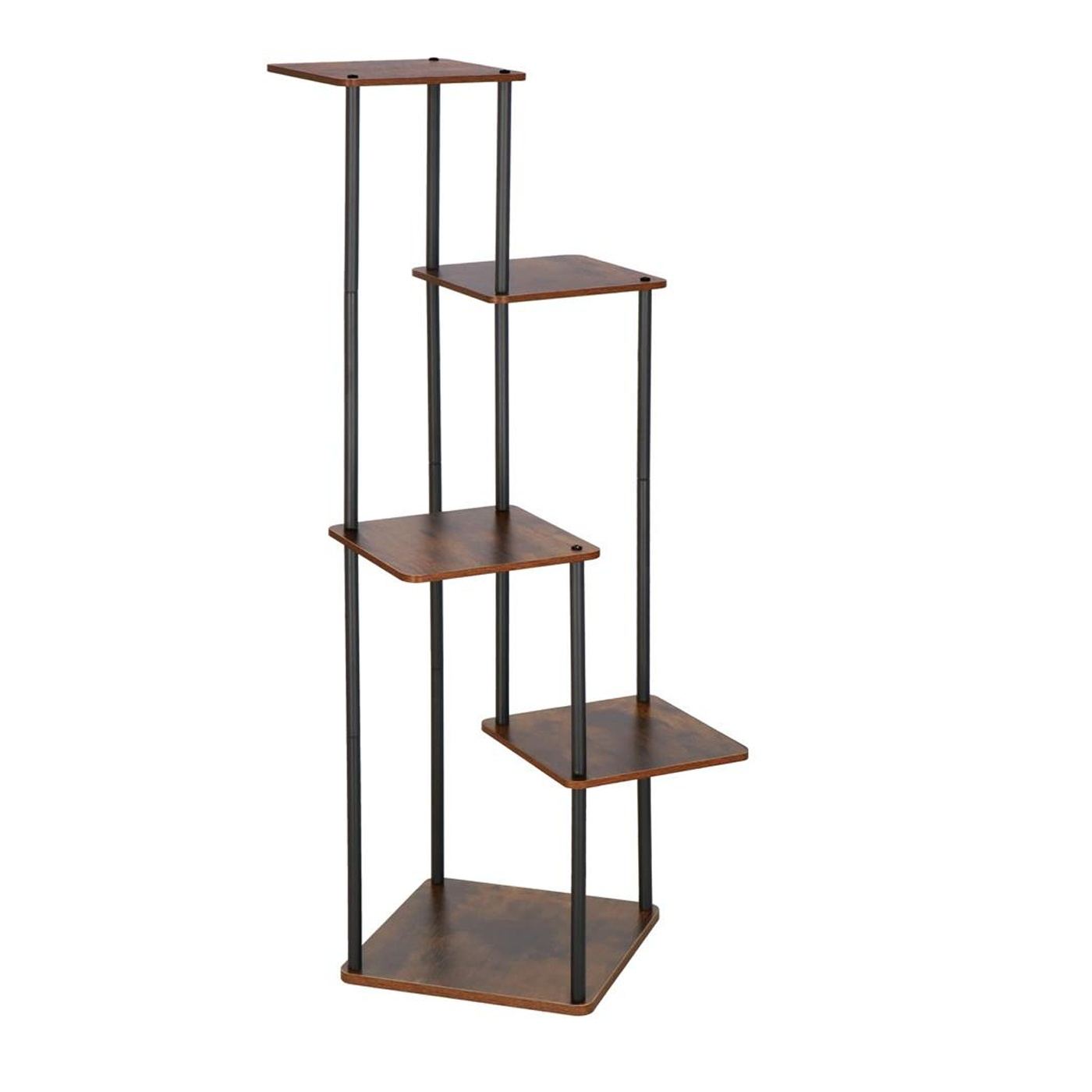 5-еталeна поставка за цветя с метална рамка и дървени рафтове, 106x58 см, Модерен дизайн, Черно кафяво - 3