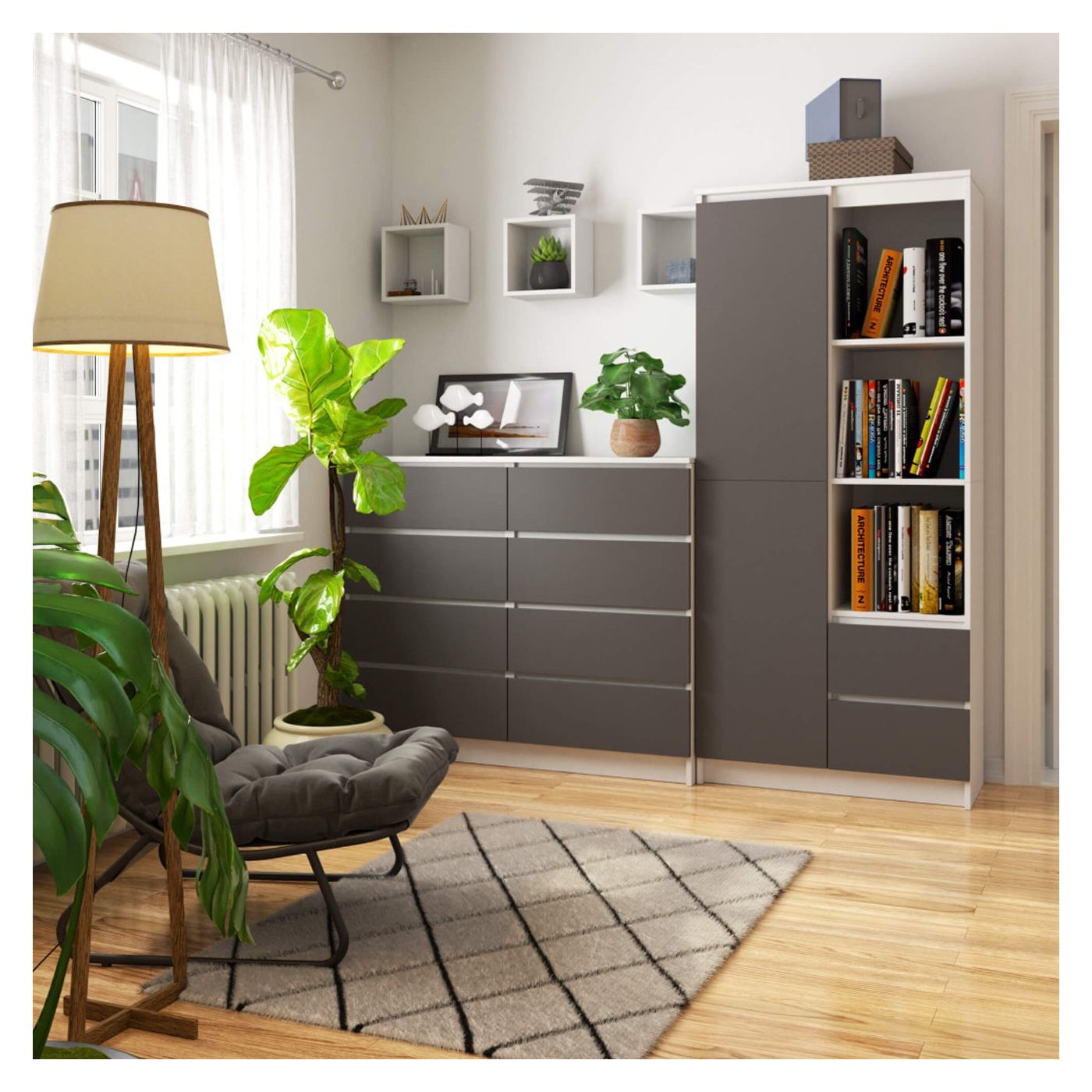 Шкаф за съхранение с 2 чекмеджета и 7 рафта, 80x35x180 см, щедро пространство, бял и сив - 5