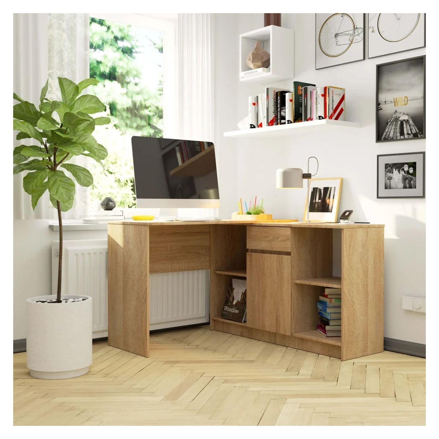 Ъглов бюро с чекмедже и 6 рафта, 120x126x79 см, ефективна организация, дъб сонома - 6