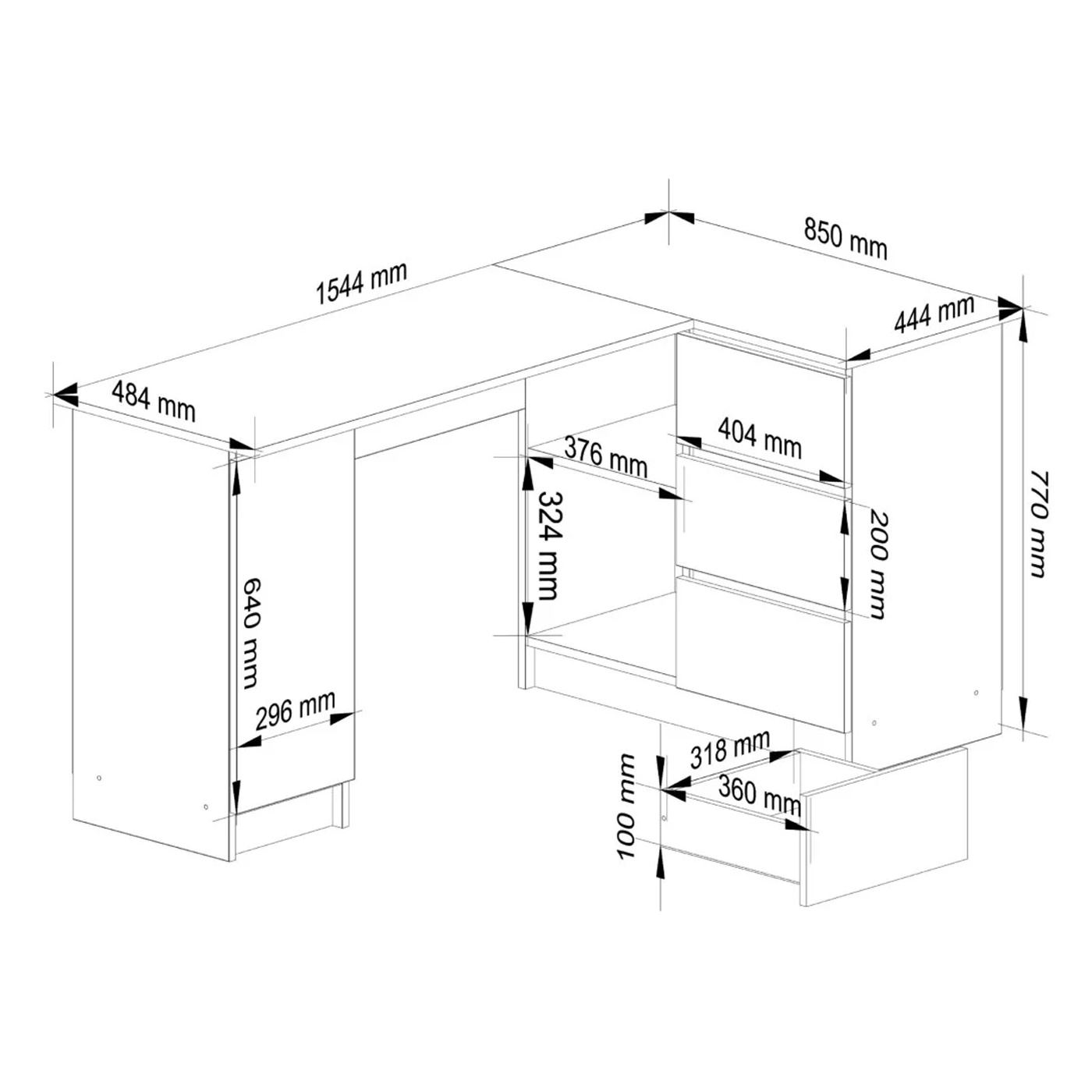 Ъглов бюро от ПДЧ с 3 чекмеджета и 4 рафта, организация, 155x85x77 см, просторен плот, дъб сонома - 5