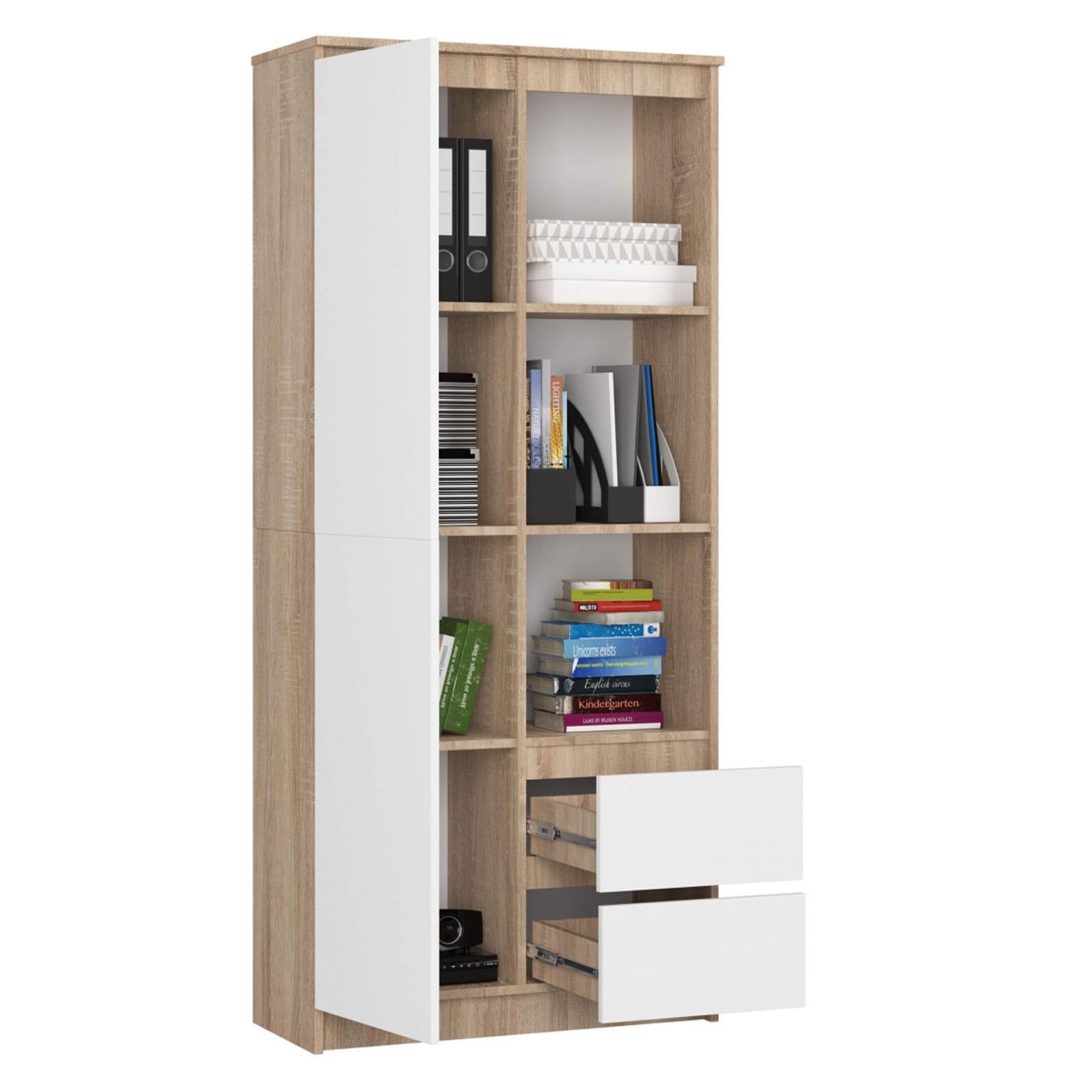 Шкаф с врата, 2 чекмеджета и 7 рафта, 16 мм ламинирано ПДЧ, 80x35x180 см, сонома и бяло - 2