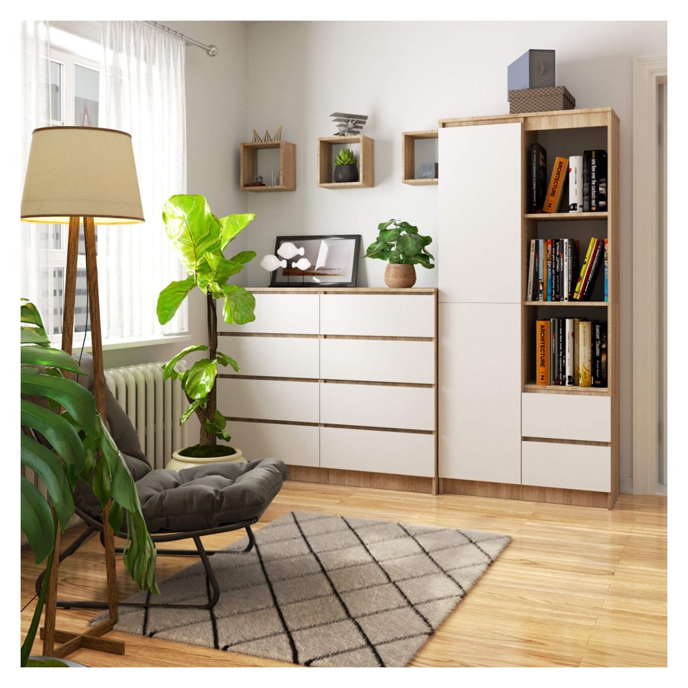 Шкаф с врата, 2 чекмеджета и 7 рафта, 16 мм ламинирано ПДЧ, 80x35x180 см, сонома и бяло - 6