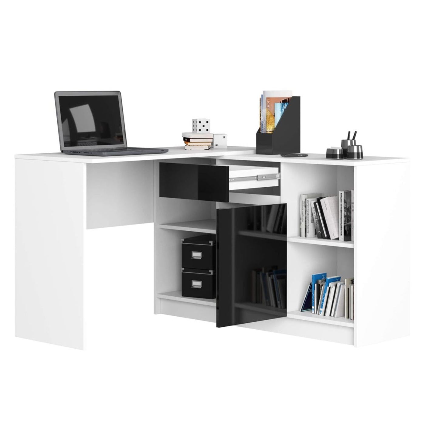 Ъглов бюро с чекмедже, врата и 6 рафта, гланцови MDF фронтове, 120x126x79 см, бяло и гланцово черно - 2