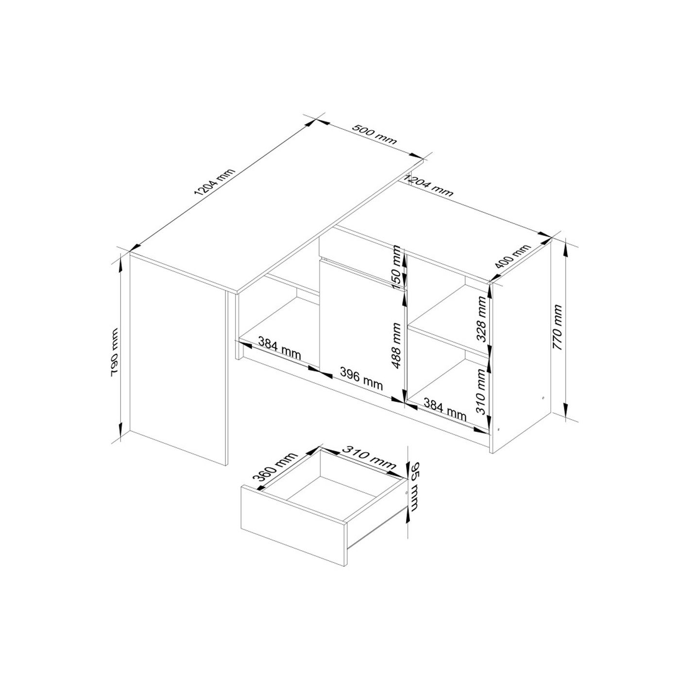 Ъглов бюро с чекмедже, врата и 6 рафта, гланцови MDF фронтове, 120x126x79 см, бяло и гланцово черно - 3