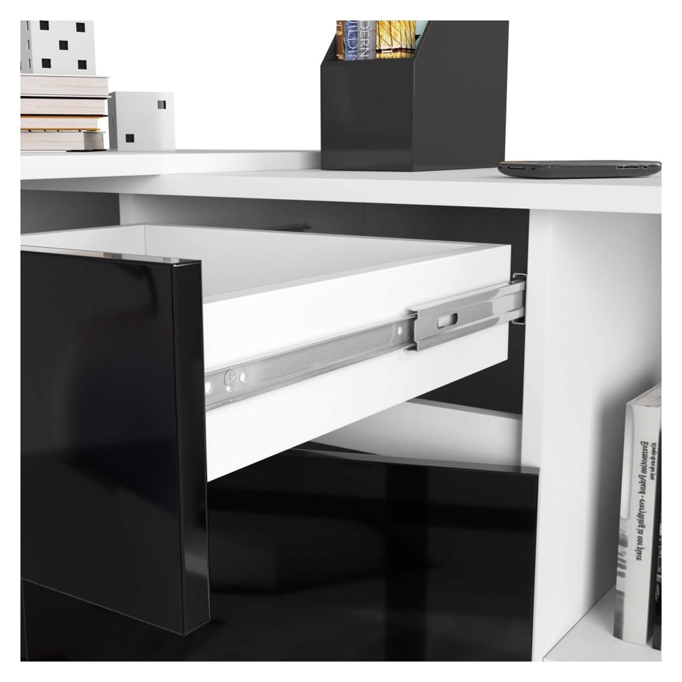 Ъглов бюро с чекмедже, врата и 6 рафта, гланцови MDF фронтове, 120x126x79 см, бяло и гланцово черно - 5